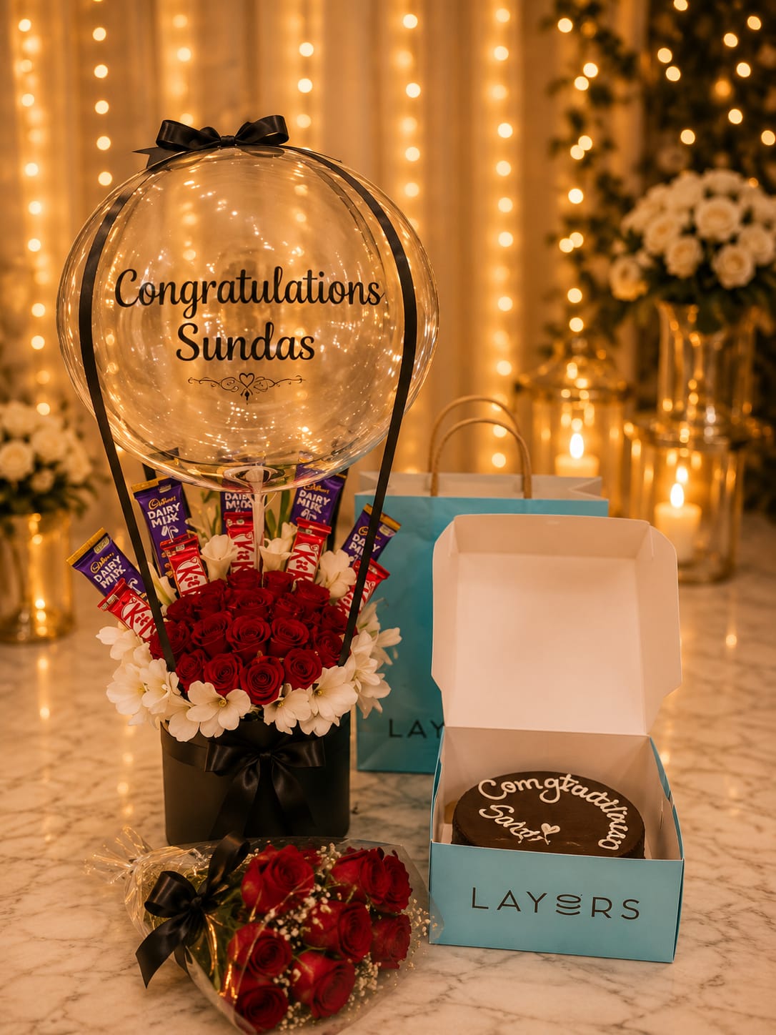 Box with baloon and chocolate
