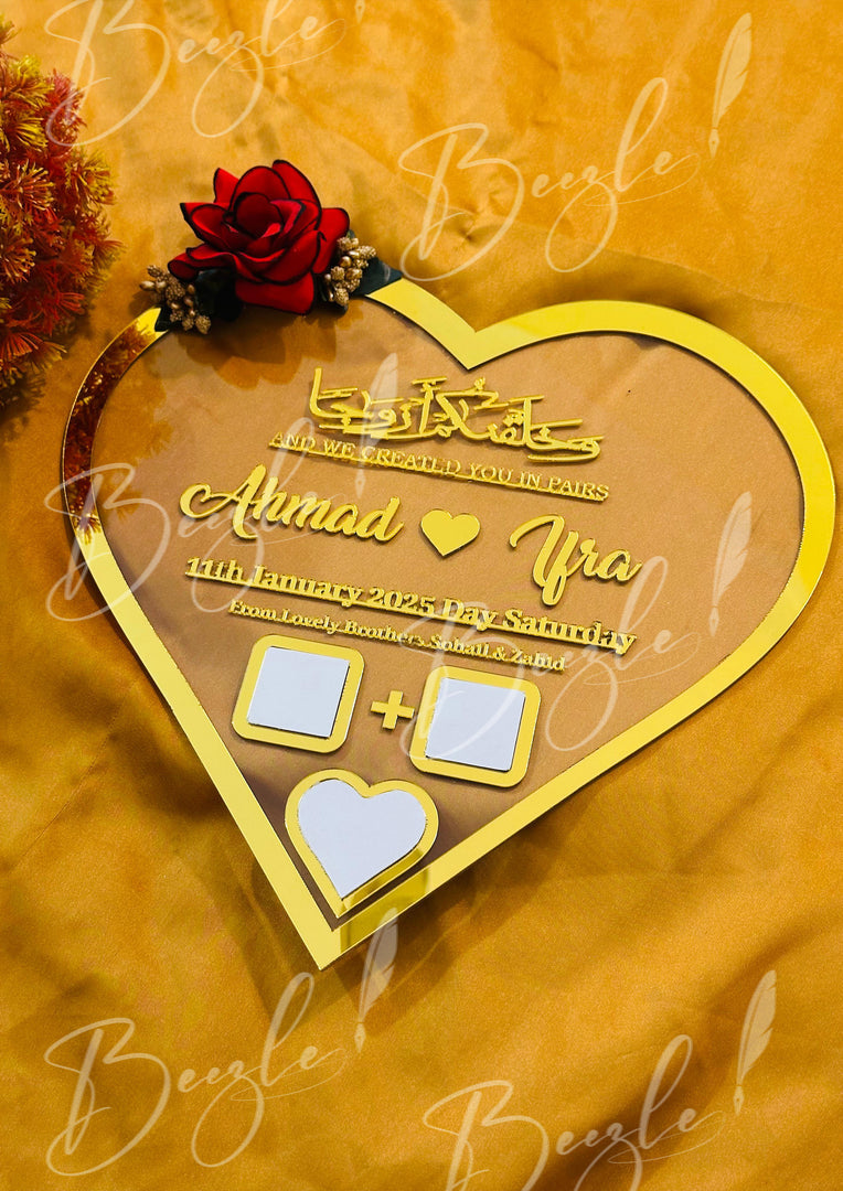 Nikah Plaque Heart Shape Customized Thumb Frame With Golden Acrylic