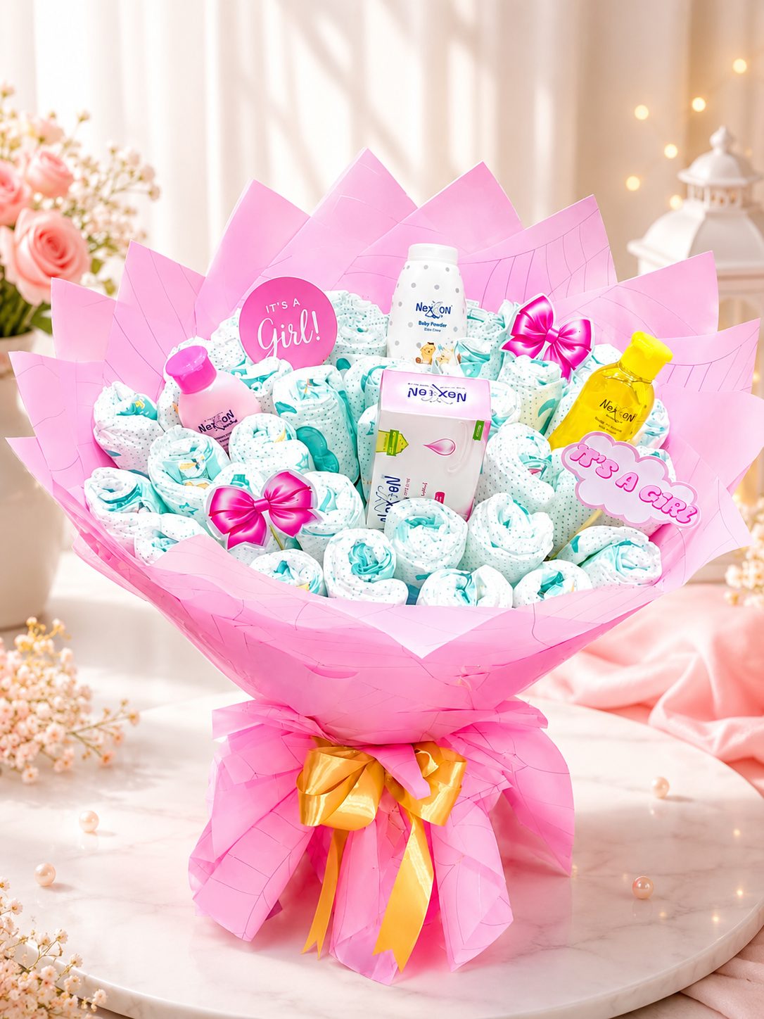 uxury Baby Girl Diaper Bouquet – Premium Newborn Gift Hamper | Baby Shower Gift