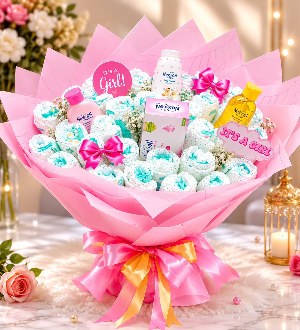 uxury Baby Girl Diaper Bouquet – Premium Newborn Gift Hamper | Baby Shower Gift