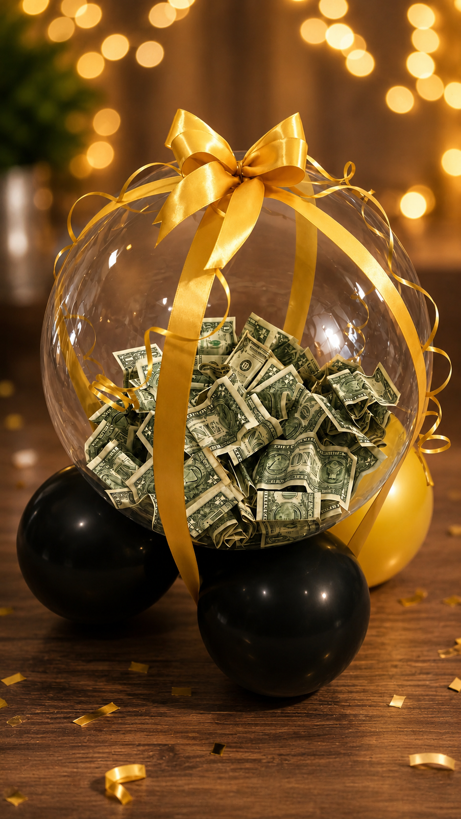 Luxury Money Balloon Gift Box – Transparent Cash Bubble with Gold Ribbon | Premium Surprise Gift Decoration