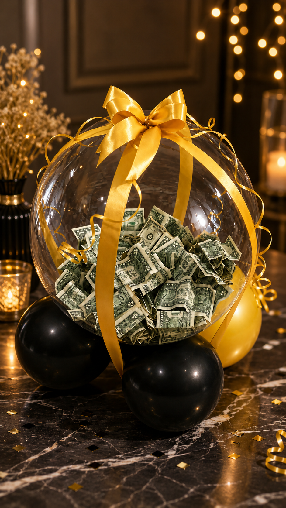 Luxury Money Balloon Gift Box – Transparent Cash Bubble with Gold Ribbon | Premium Surprise Gift Decoration