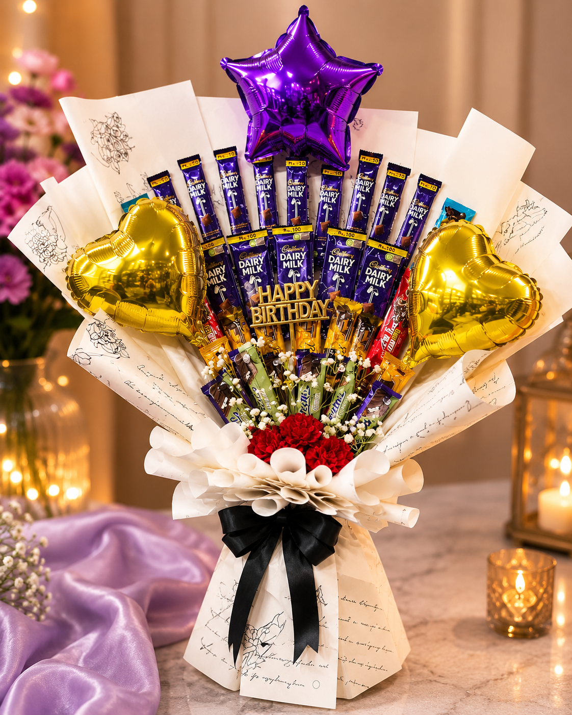 Luxury Birthday Chocolate Bouquet with Balloons – Premium Handmade Gift Arrangement