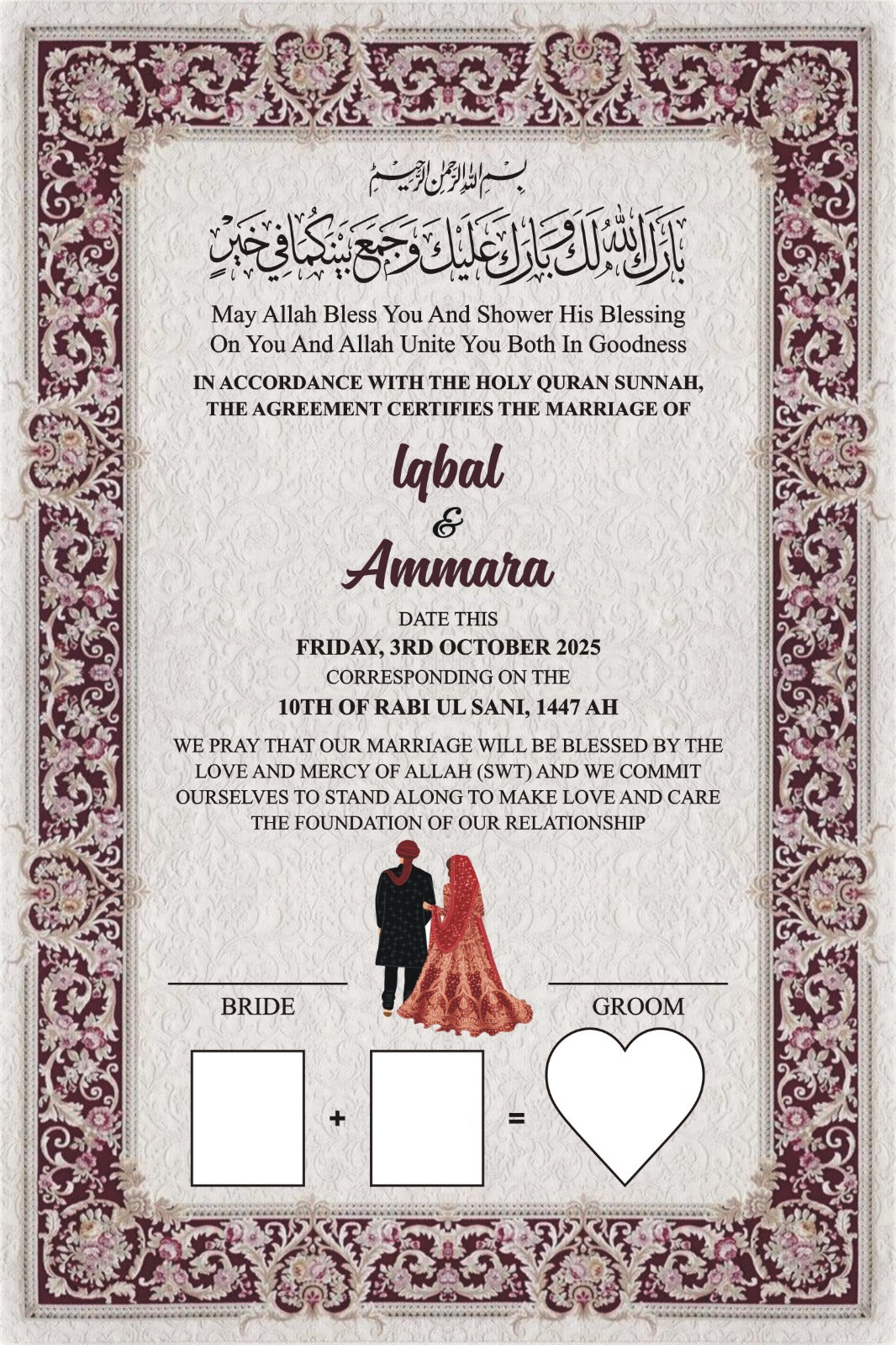 Personalized Blue Floral Islamic Nikkah Certificate Frame – Custom Muslim Wedding Gift