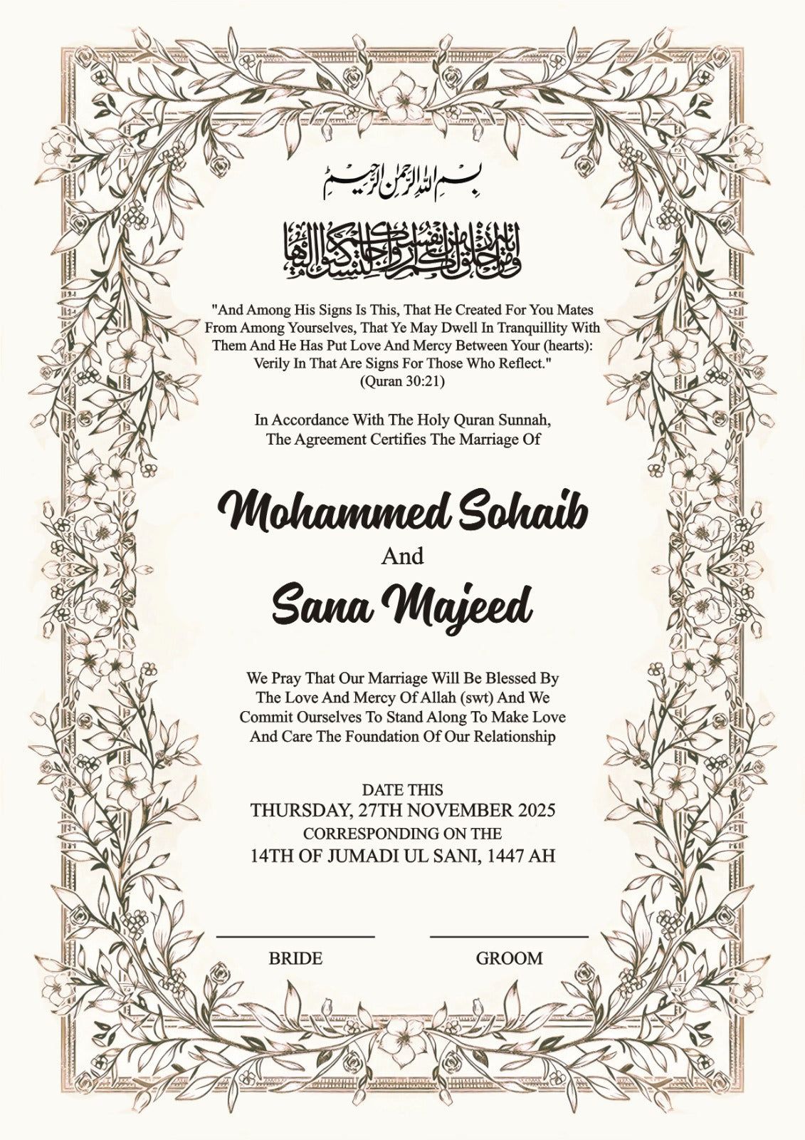 Personalized Blue Floral Islamic Nikkah Certificate Frame – Custom Muslim Wedding Gift