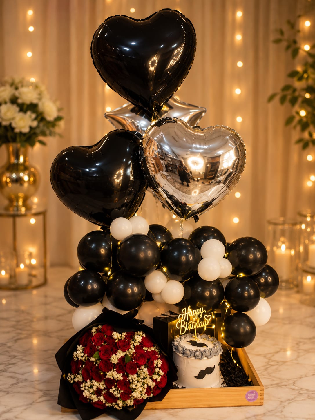 Luxury Black & White Birthday Gift Hamper with Cake, Roses & Balloon Bouquet