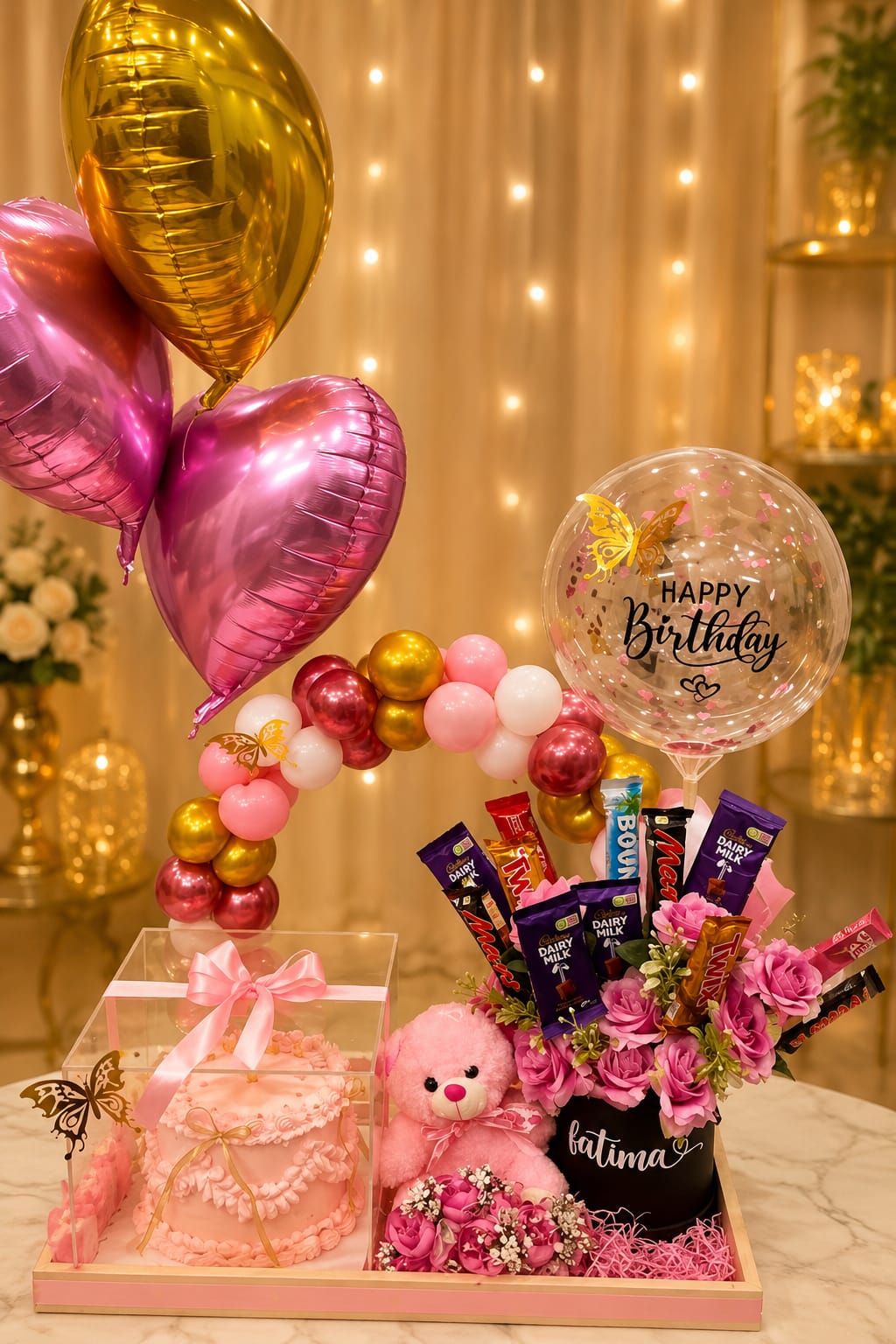 Luxury Pink Birthday Surprise Gift Hamper with Cake, Teddy, Roses & Bubble Balloon
