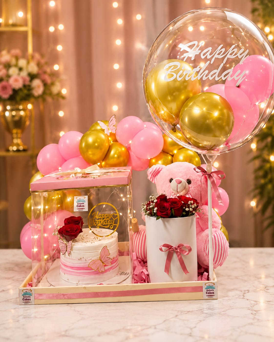 Luxury Pink Birthday Gift Hamper with Cake, Teddy, Chocolates & Bubble Balloon