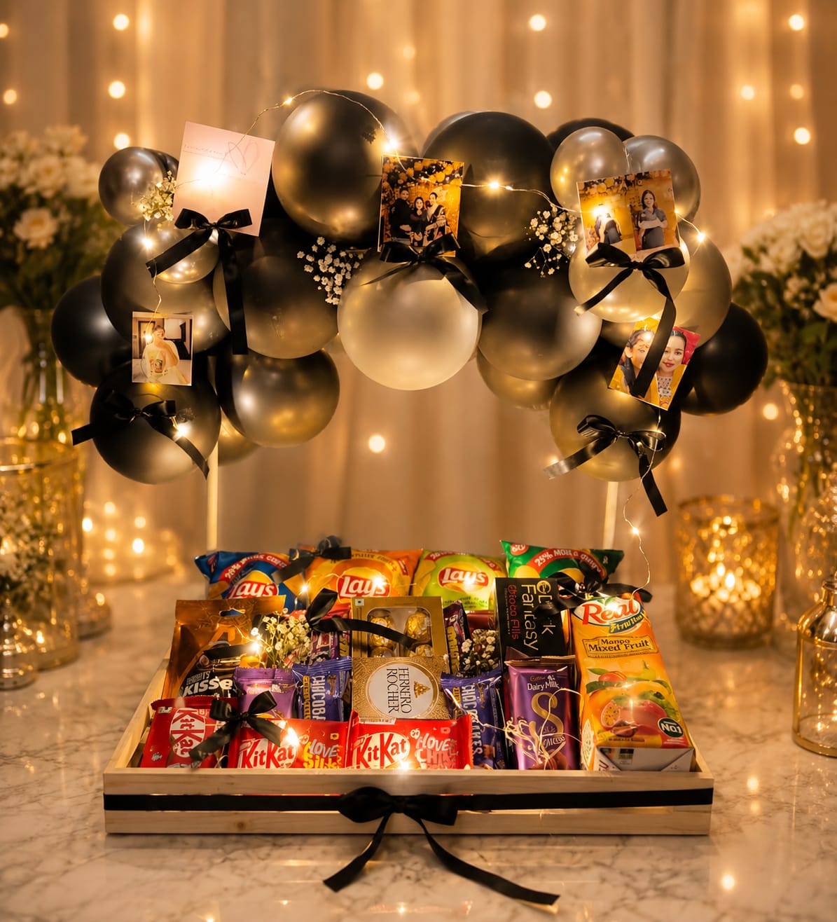 Luxury Black & Gold Balloon Snack Hamper with Chocolates & Personalized Photos