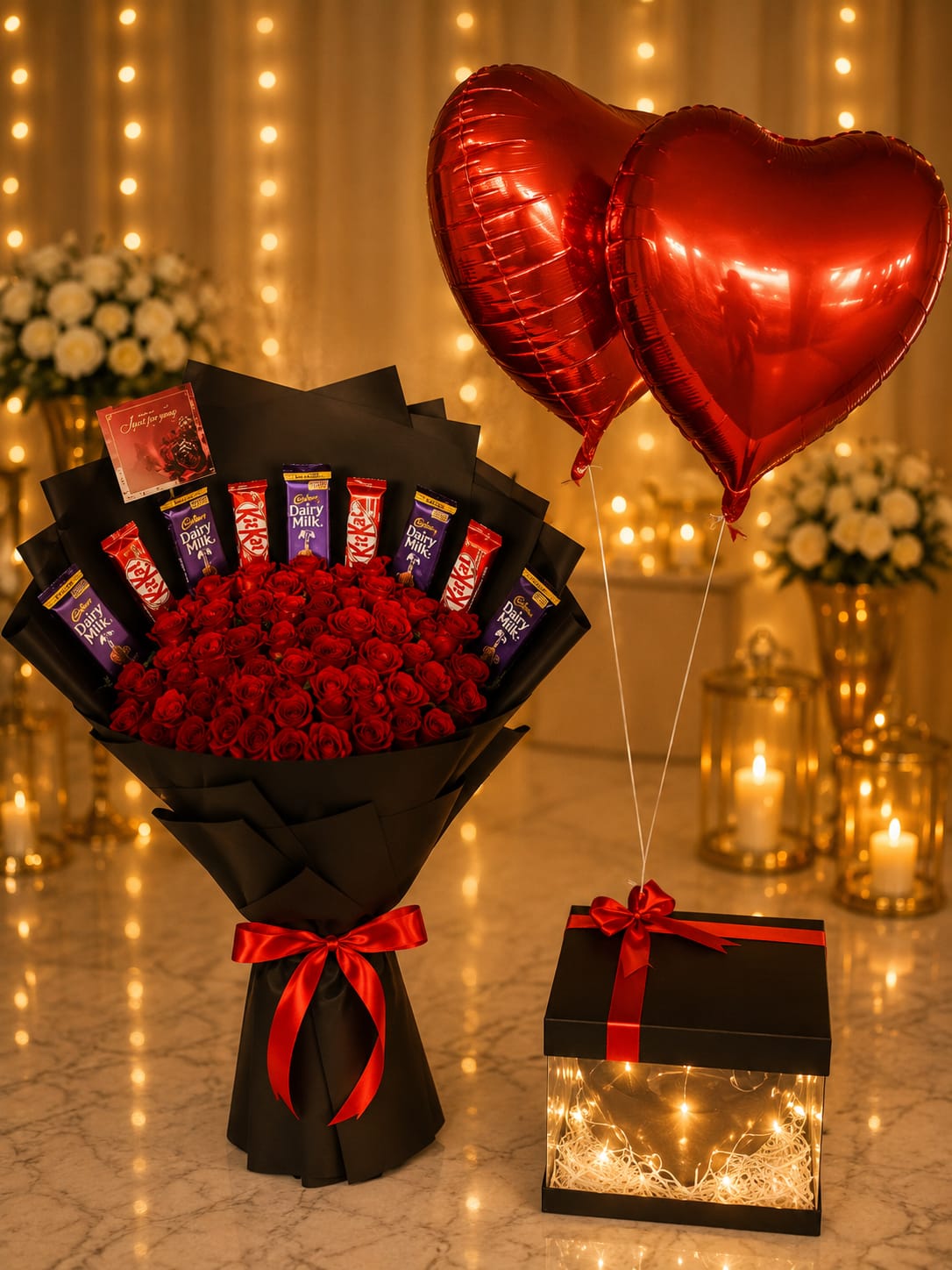 Luxury Rose & Chocolate Bouquet with Heart Balloons Gift Set