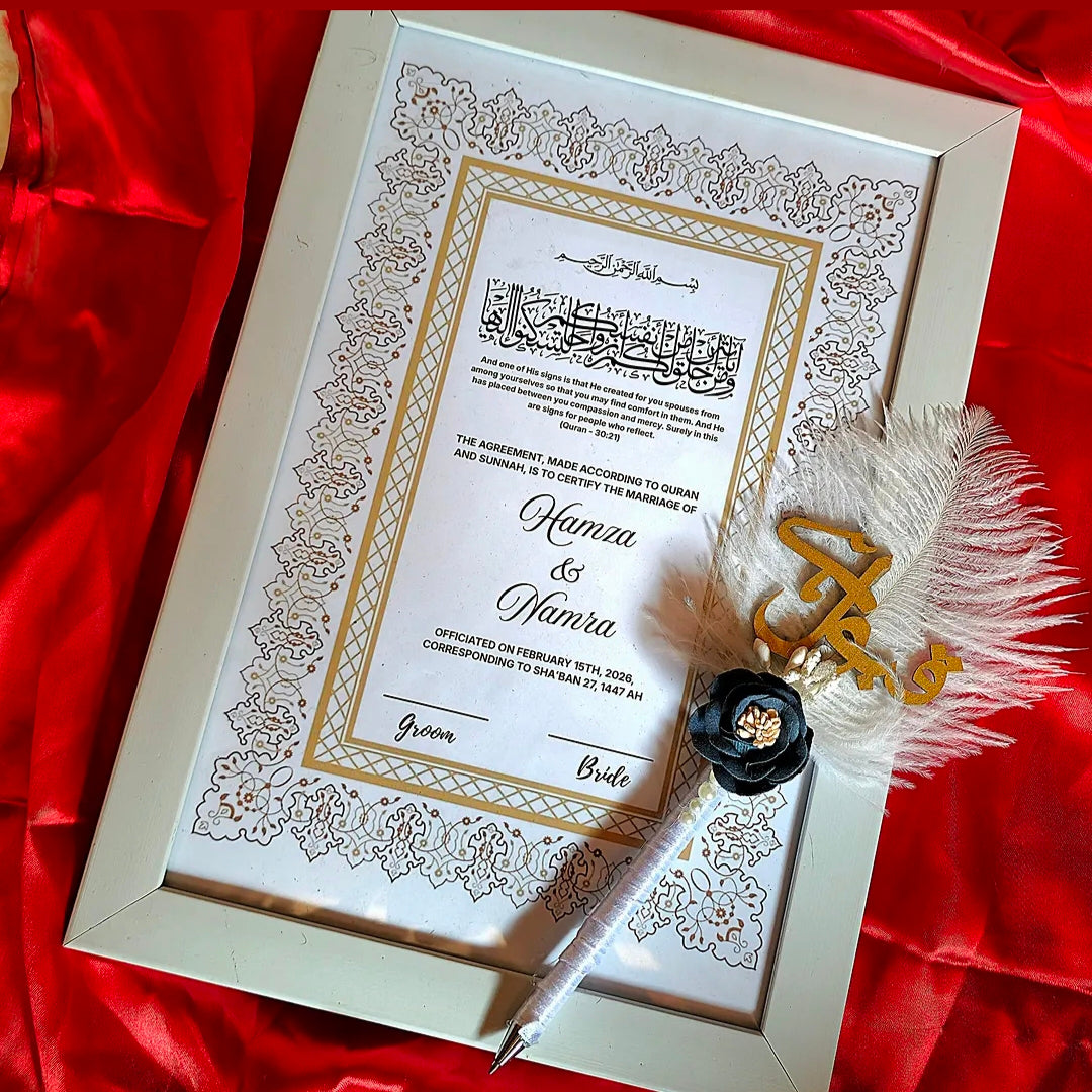 Premium personalized nikah frame with elegant nikah pen