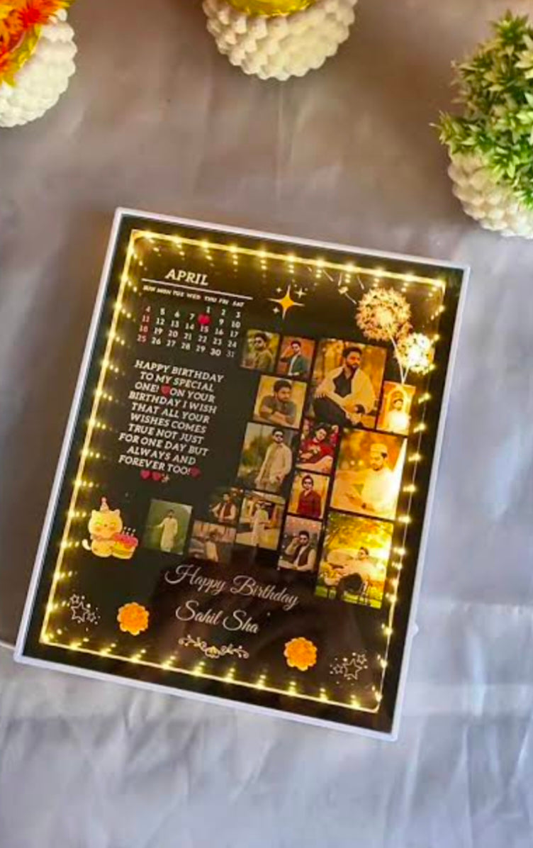 Personalized LED Birthday Photo Collage Frame | Custom Birthday Gift with Calendar & Photos