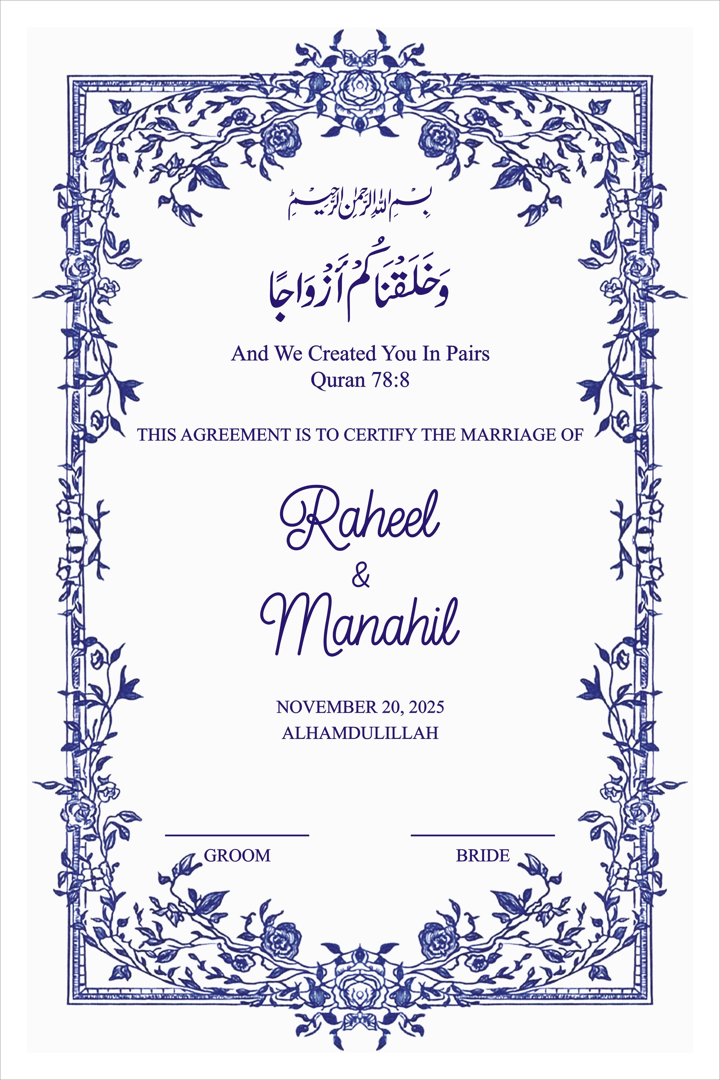 Personalized Blue Floral Islamic Nikkah Certificate Frame – Custom Muslim Wedding Gift
