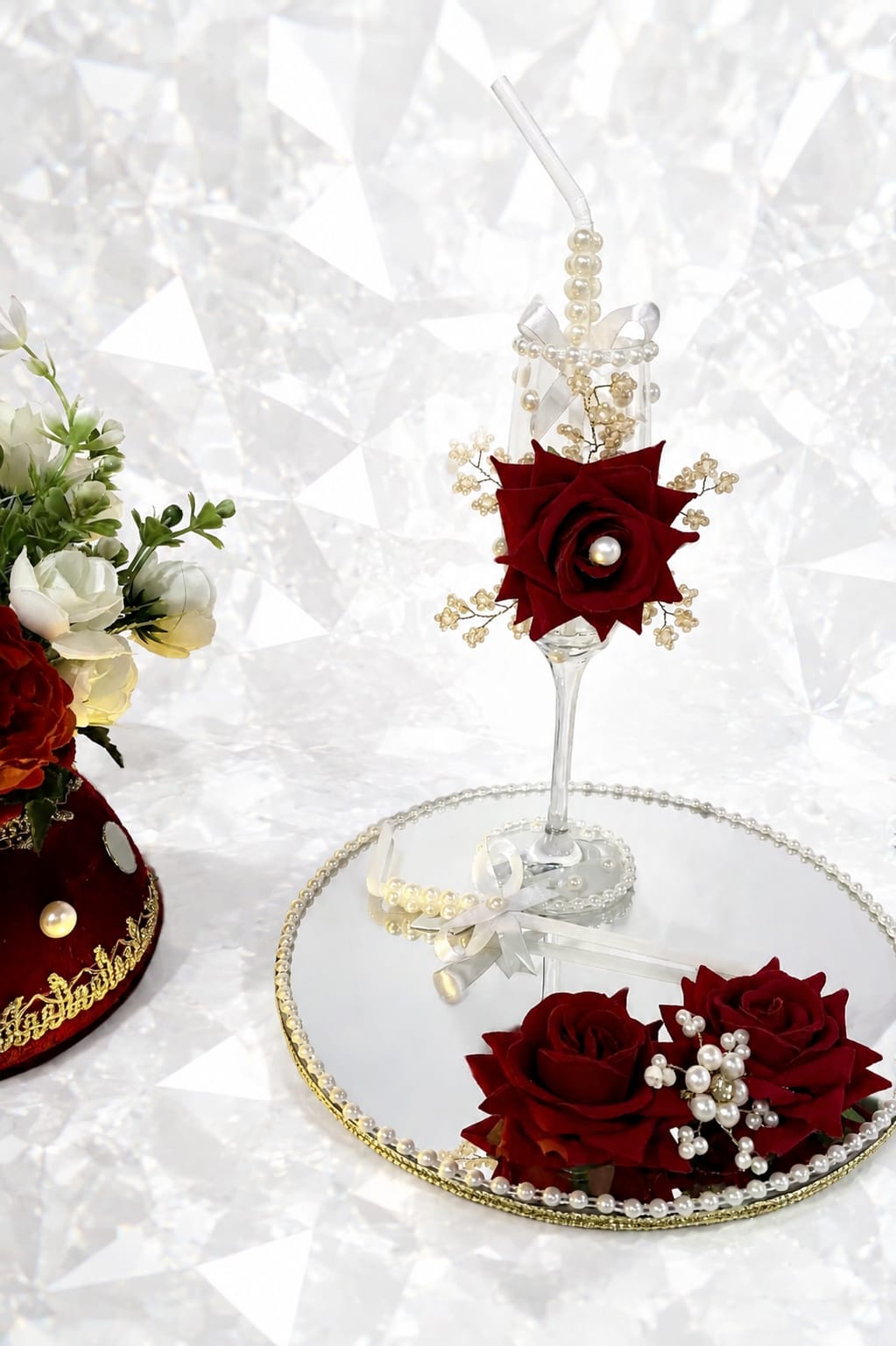 Luxury Handmade Rose Decorative Glass with Mirror Tray Gift Set