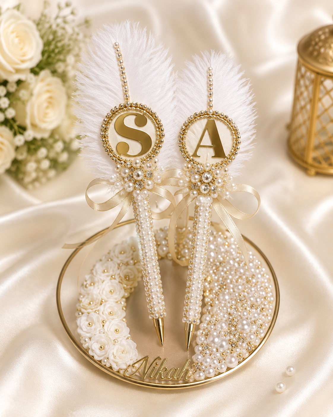 Personalized Nikah Pearl Feather Pen Set – Custom Initial Wedding Gift