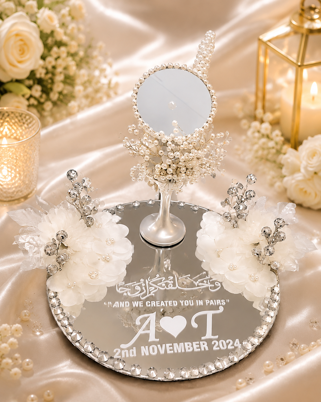 Personalized Mirror Tray with Decorative Glass & Floral Set – Luxury Wedding/Nikah Gift