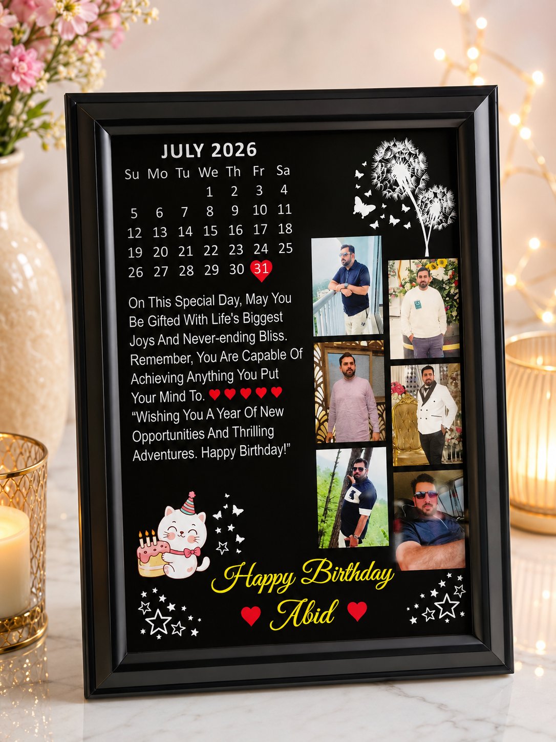Personalized Birthday Calendar Photo Frame – Custom Gift for Him | July Birthday Frame