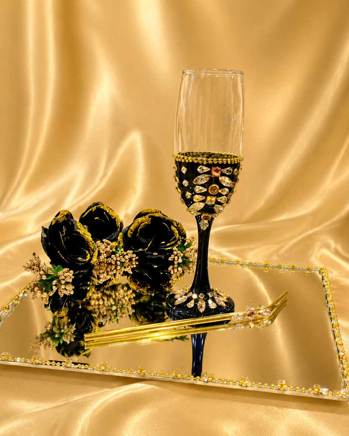 Luxury Handmade Black & Gold Decorative Wine Glass Set with Floral Arrangement
