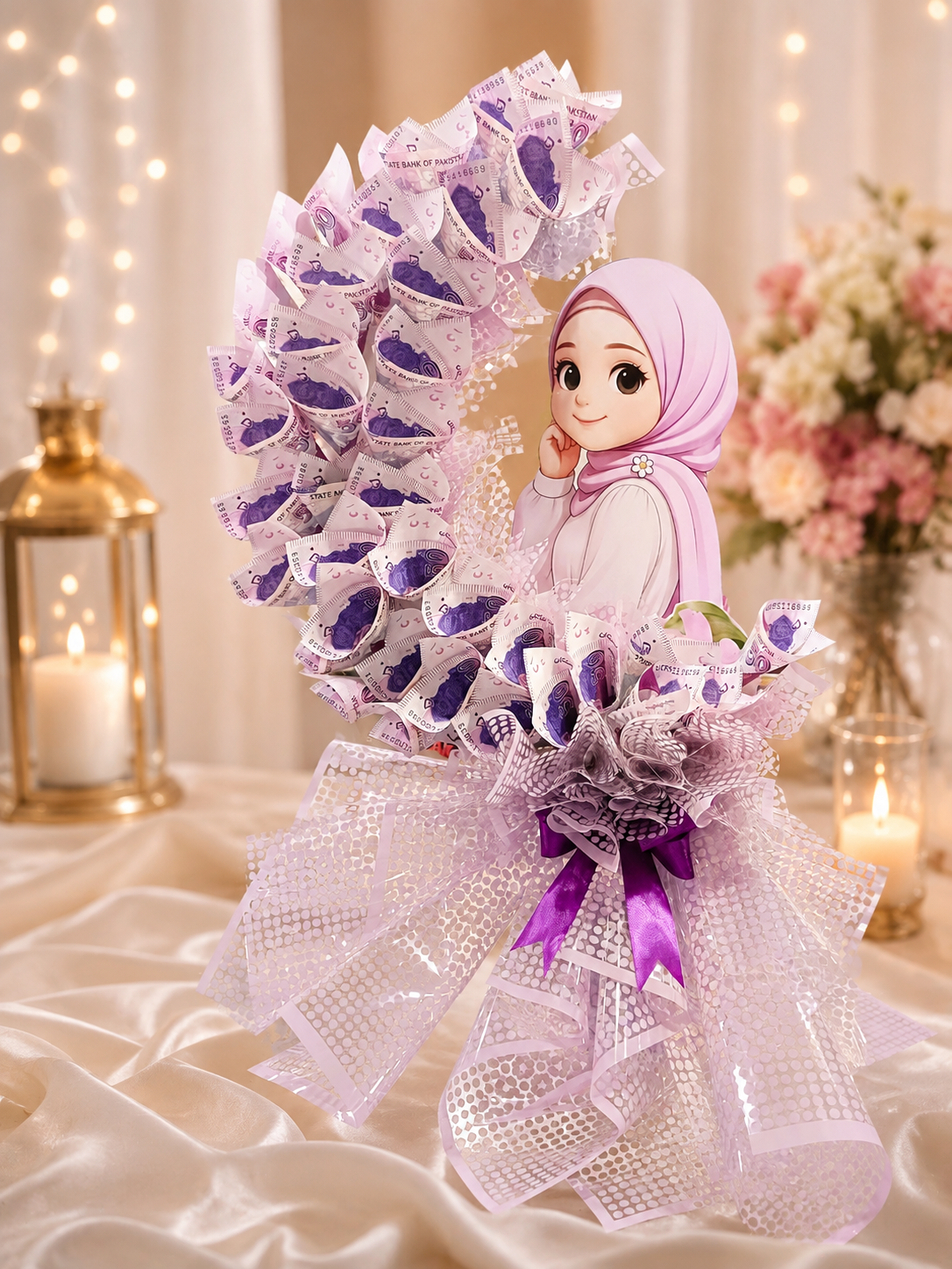 Elegant Money Bouquet with Cute Hijabi Girl – Premium Cash Gift Arrangement