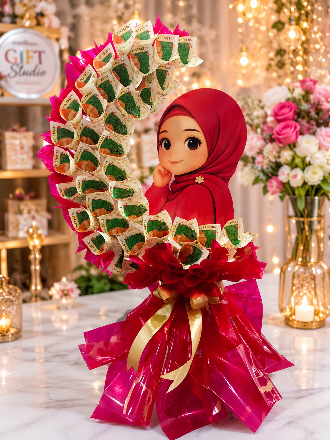 Customized Money Bouquet with Cute Hijab Girl Theme – Premium Cash Gift Arrangement