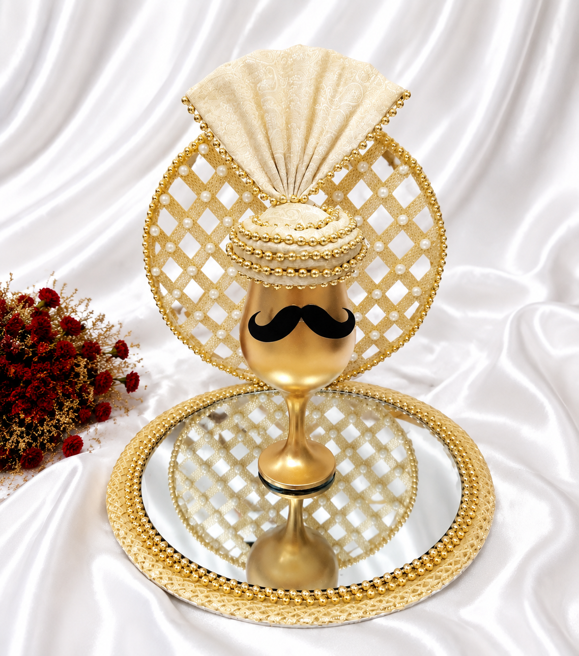 Luxury Personalized Groom Goblet Gift Set with Mirror Tray – Wedding & Nikah Décor