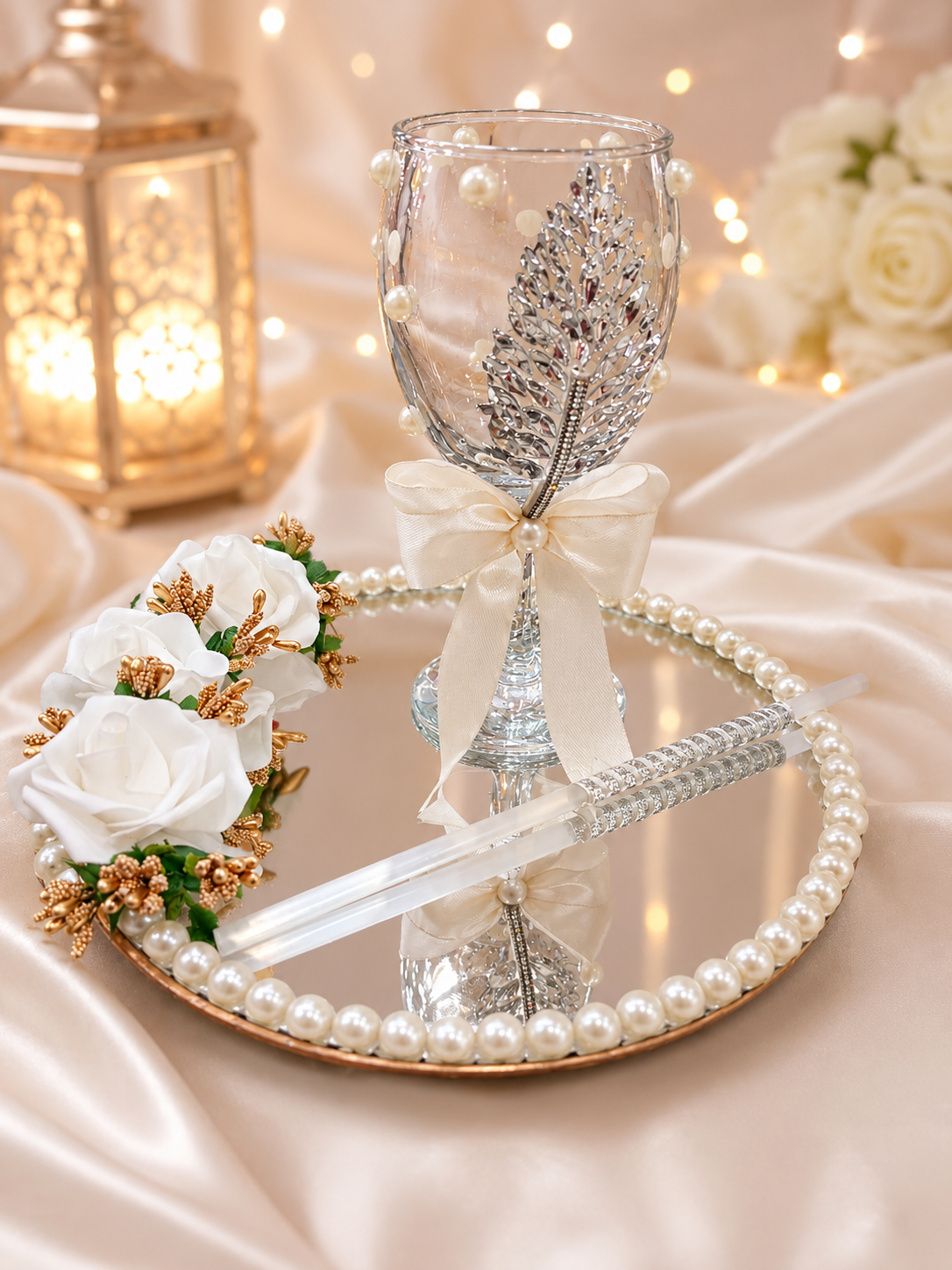 Elegant Pearl Crystal Glass Gift Set with Mirror Tray
