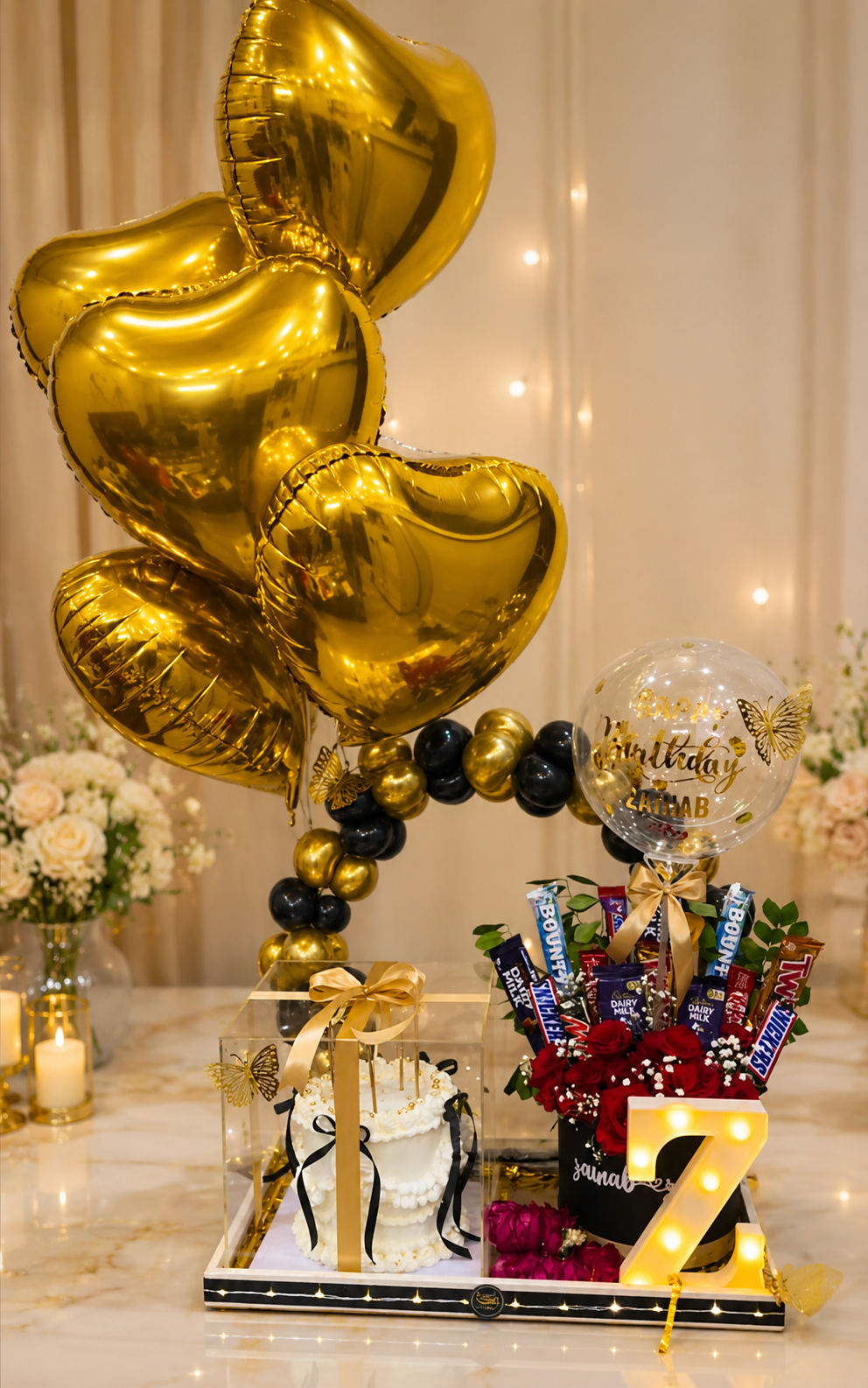 Luxury Black & Gold Birthday Surprise Gift Hamper with Cake, Chocolates & Balloons