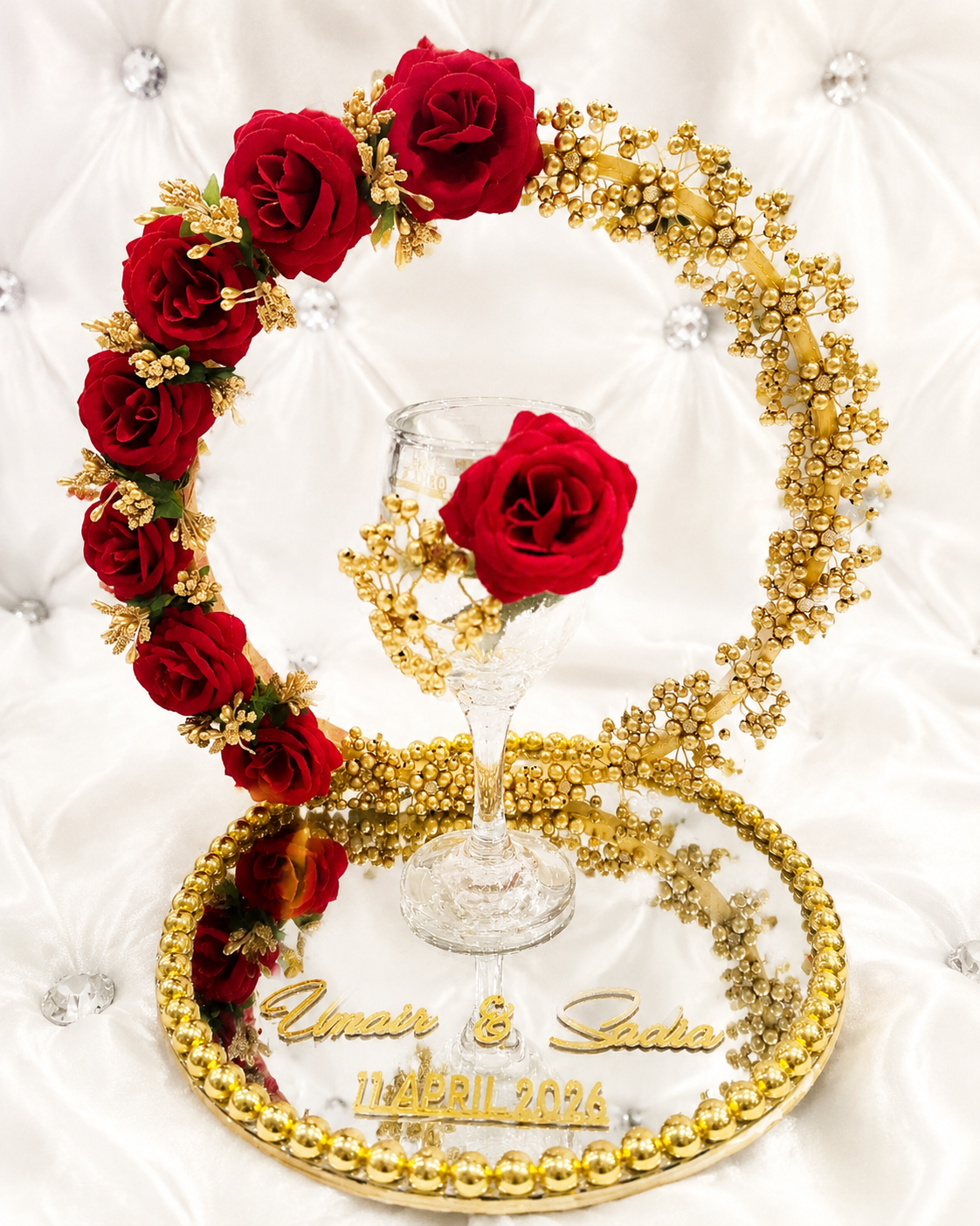 Personalized Luxury Floral Mirror Tray with Crystal Glass – Wedding & Nikah Gift Set