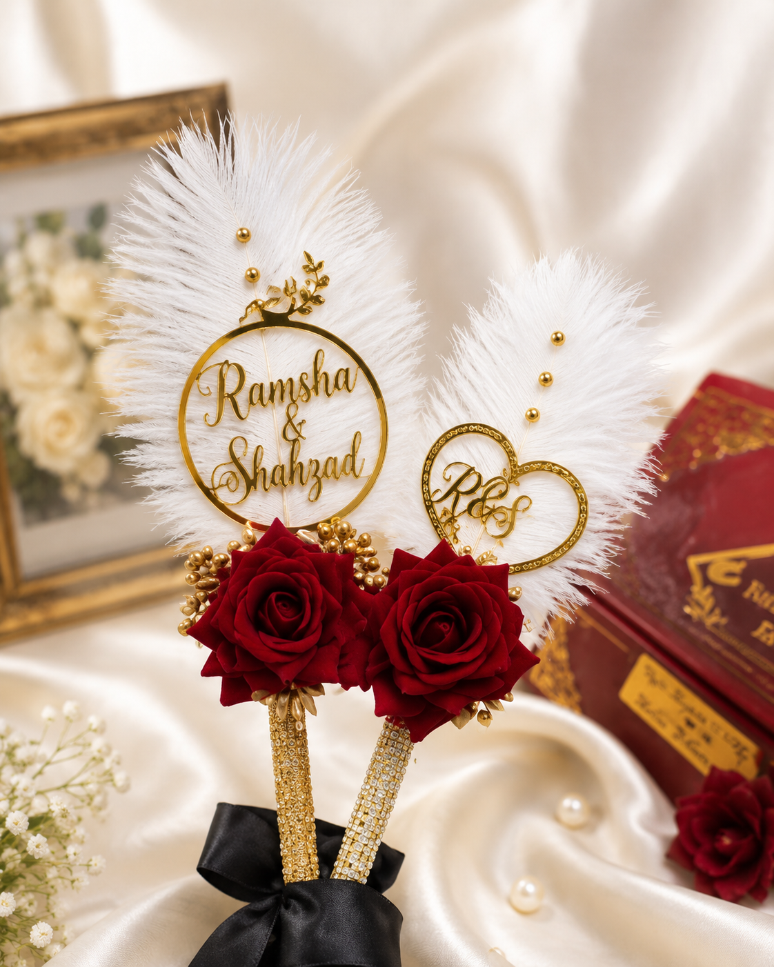 Personalized Nikah Pearl Feather Pen Set – Custom Initial Wedding Gift