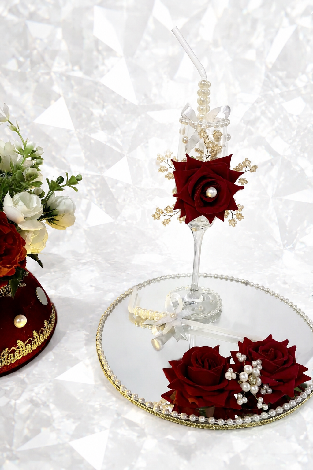 Luxury Floral Glass with Mirror Tray – Wedding & Nikah Decor Set