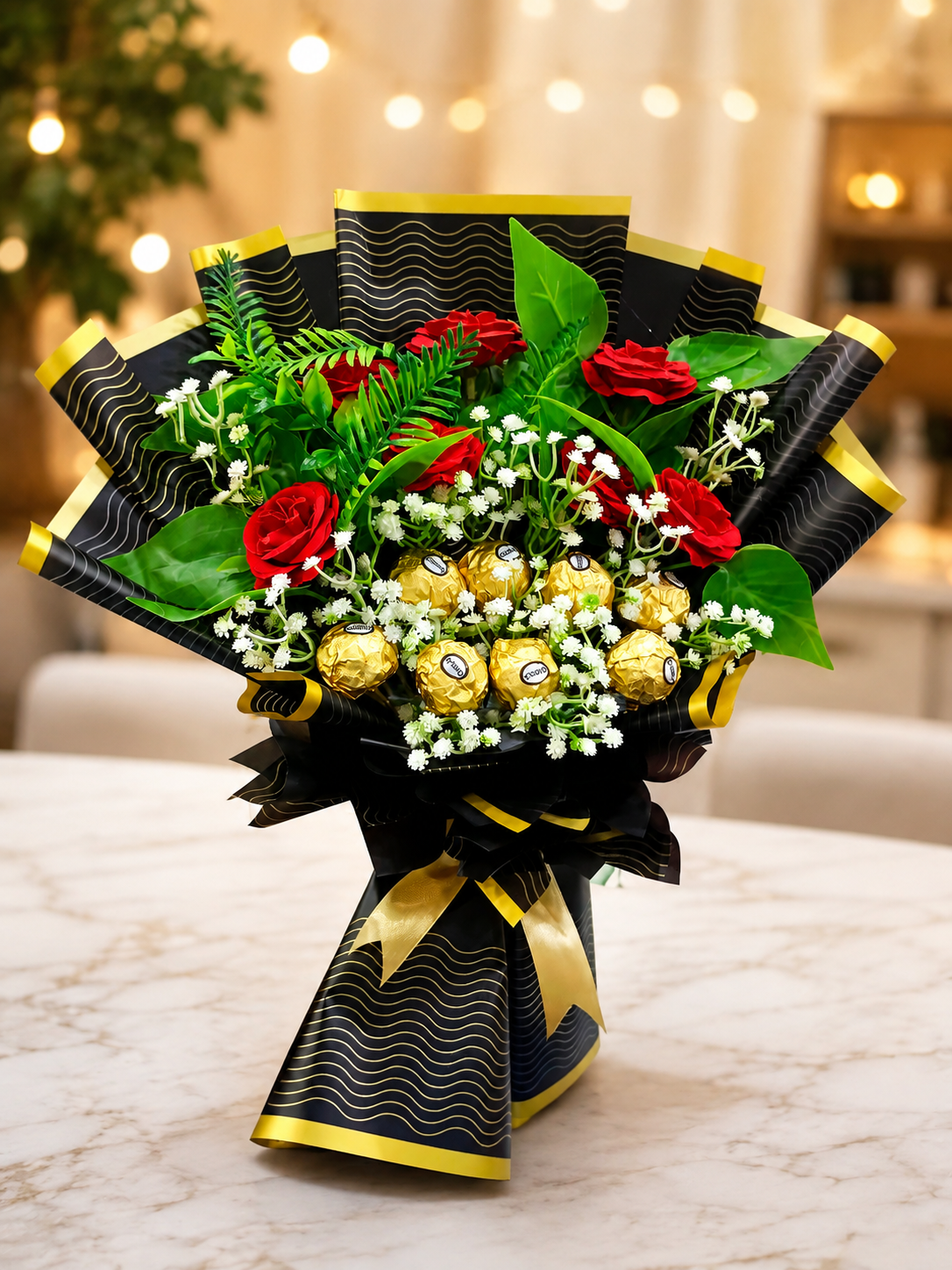 Elegant Red Rose & Chocolate Bouquet – Black & Gold Gift Bouquet