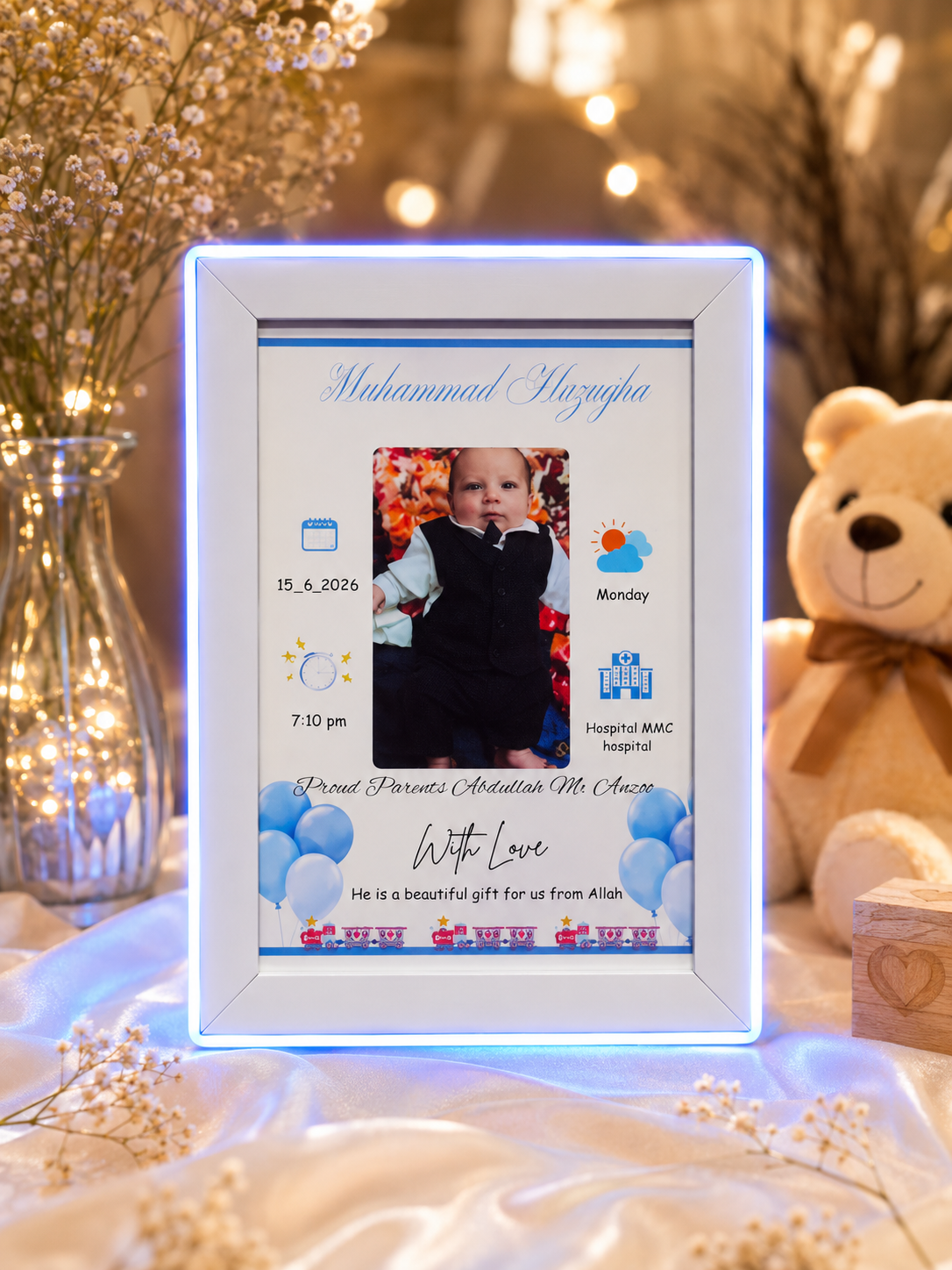 Personalized LED Baby Boy Birth Frame | Custom Newborn Photo & Birth Details Frame