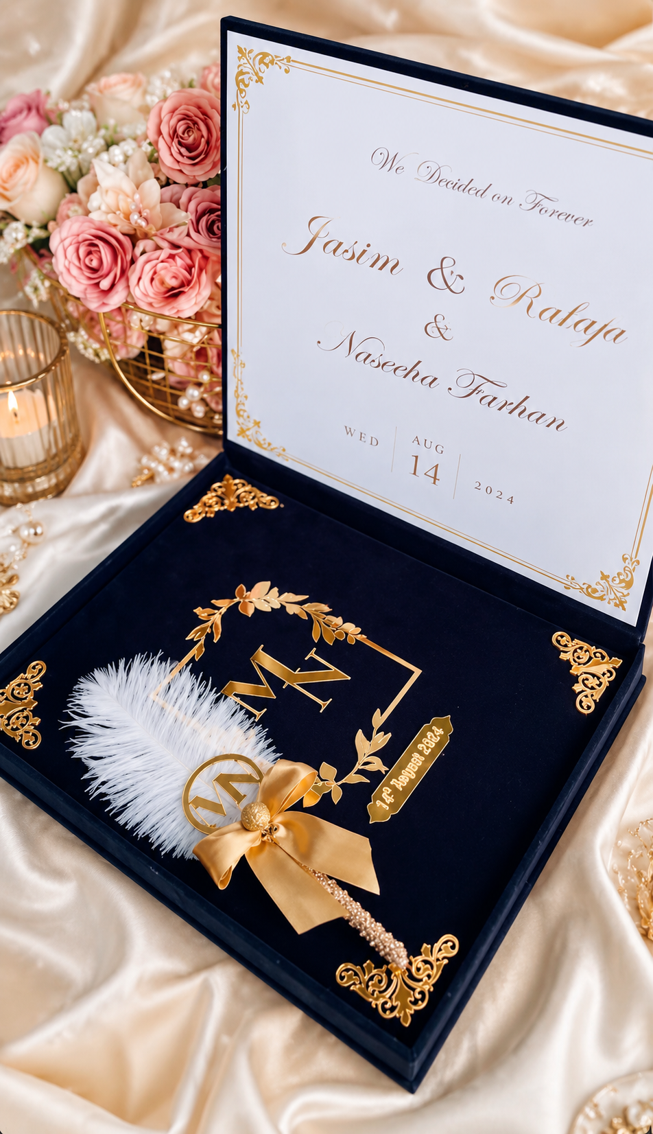 Luxury Personalized Nikah Nama Signing Box with Feather Pen – Premium Wedding Keepsake