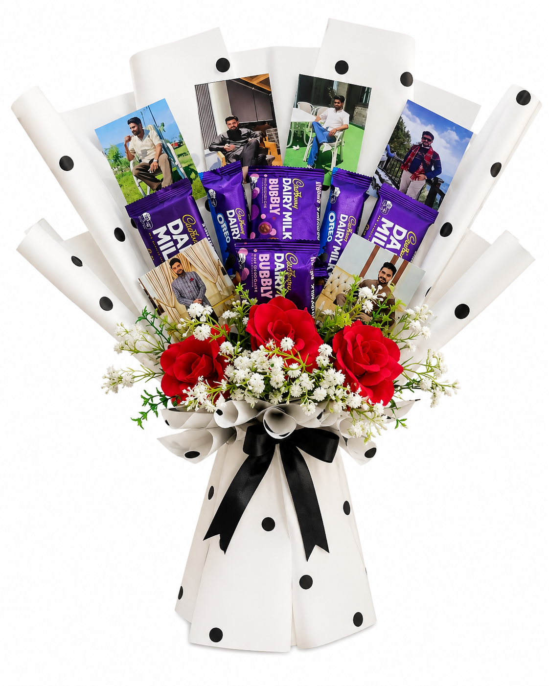 Personalized Chocolate & Photo Bouquet Gift – Red Rose Surprise