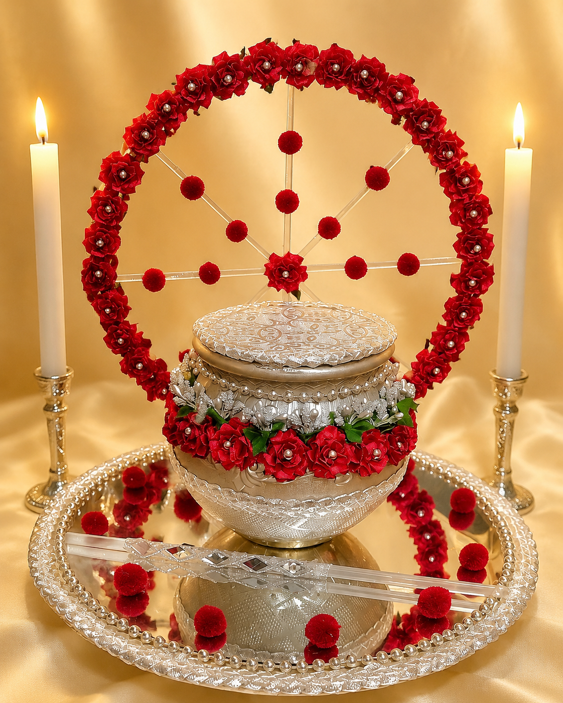 Luxury Red Rose Mehndi Decor Set with Mirror Tray & Candle Stand