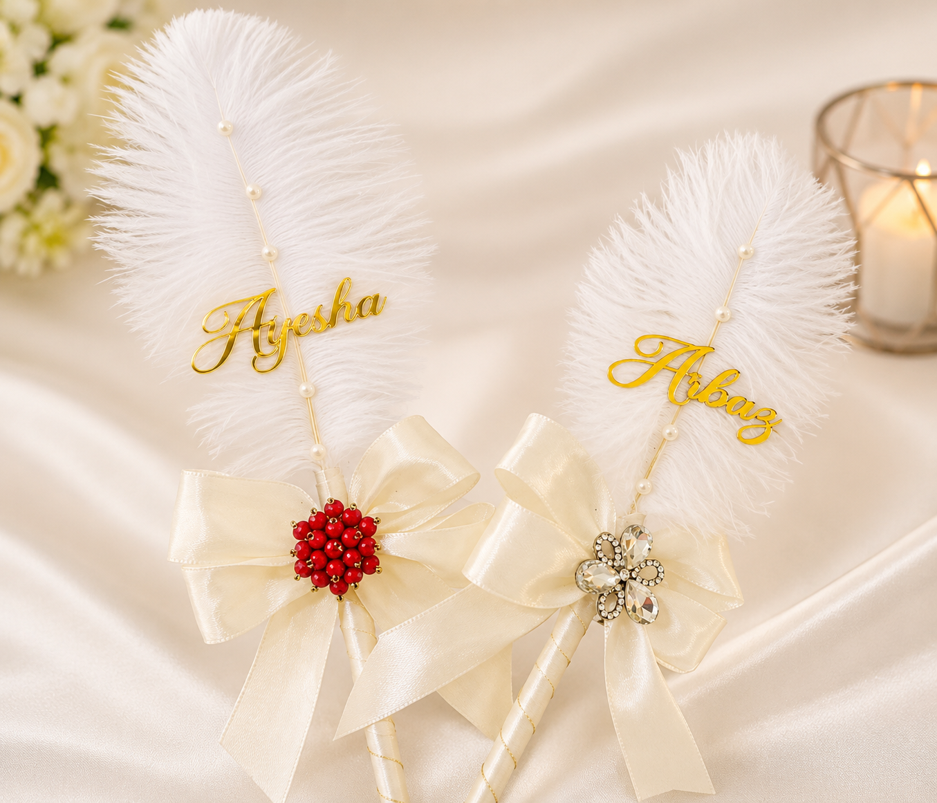 Personalized Nikah Pearl Feather Pen Set – Custom Initial Wedding Gift