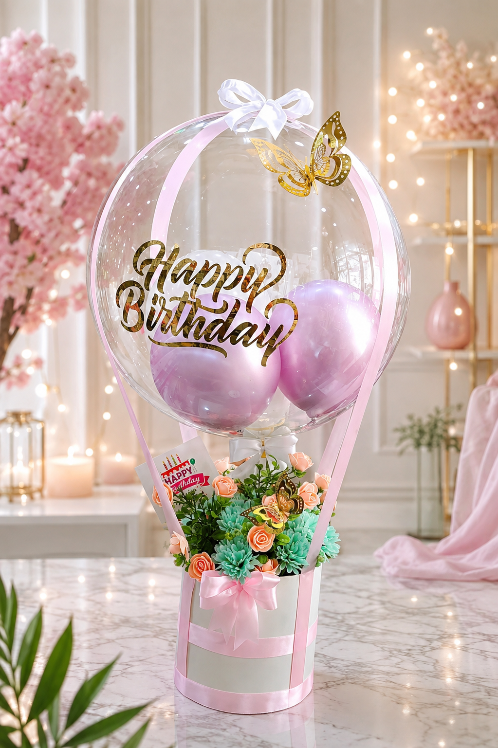 Elegant Birthday Balloon & Floral Gift Arrangement