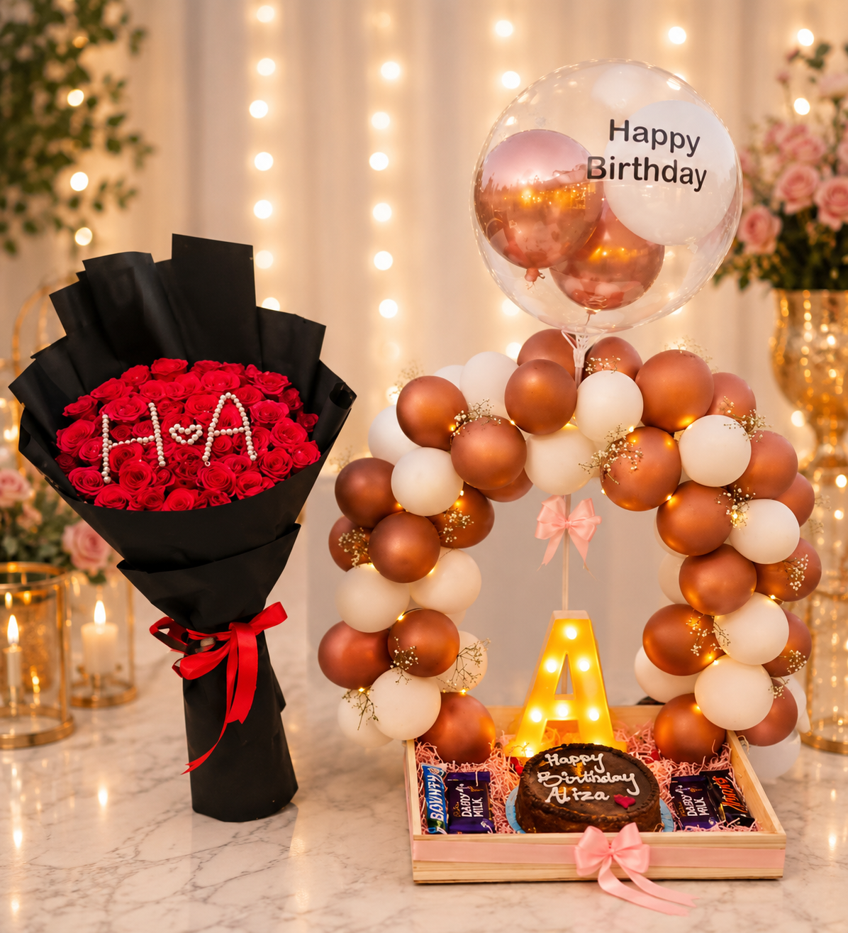 Luxury Birthday Surprise Gift Hamper with Rose Bouquet, Cake & Balloon Arch