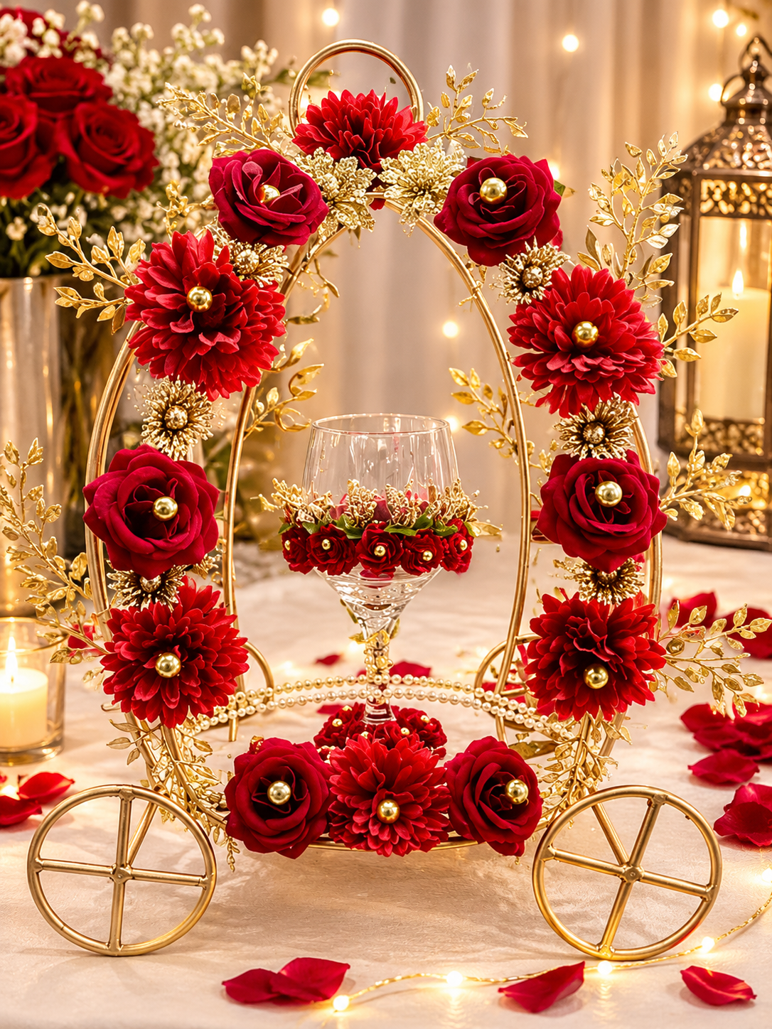 Elegant Red & Gold Wedding Table Centerpiece – Luxury Floral Carriage Decor
