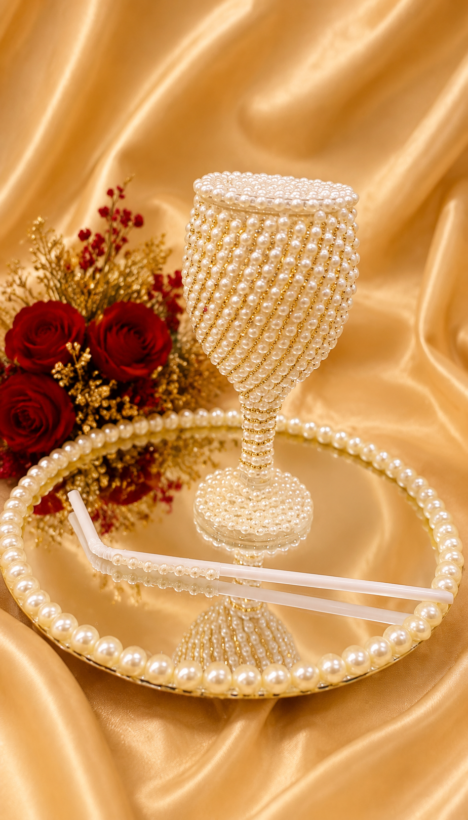 Luxury Pearl Wedding Goblet Set with Mirror Tray – Handmade Bridal & Groom Serving Set