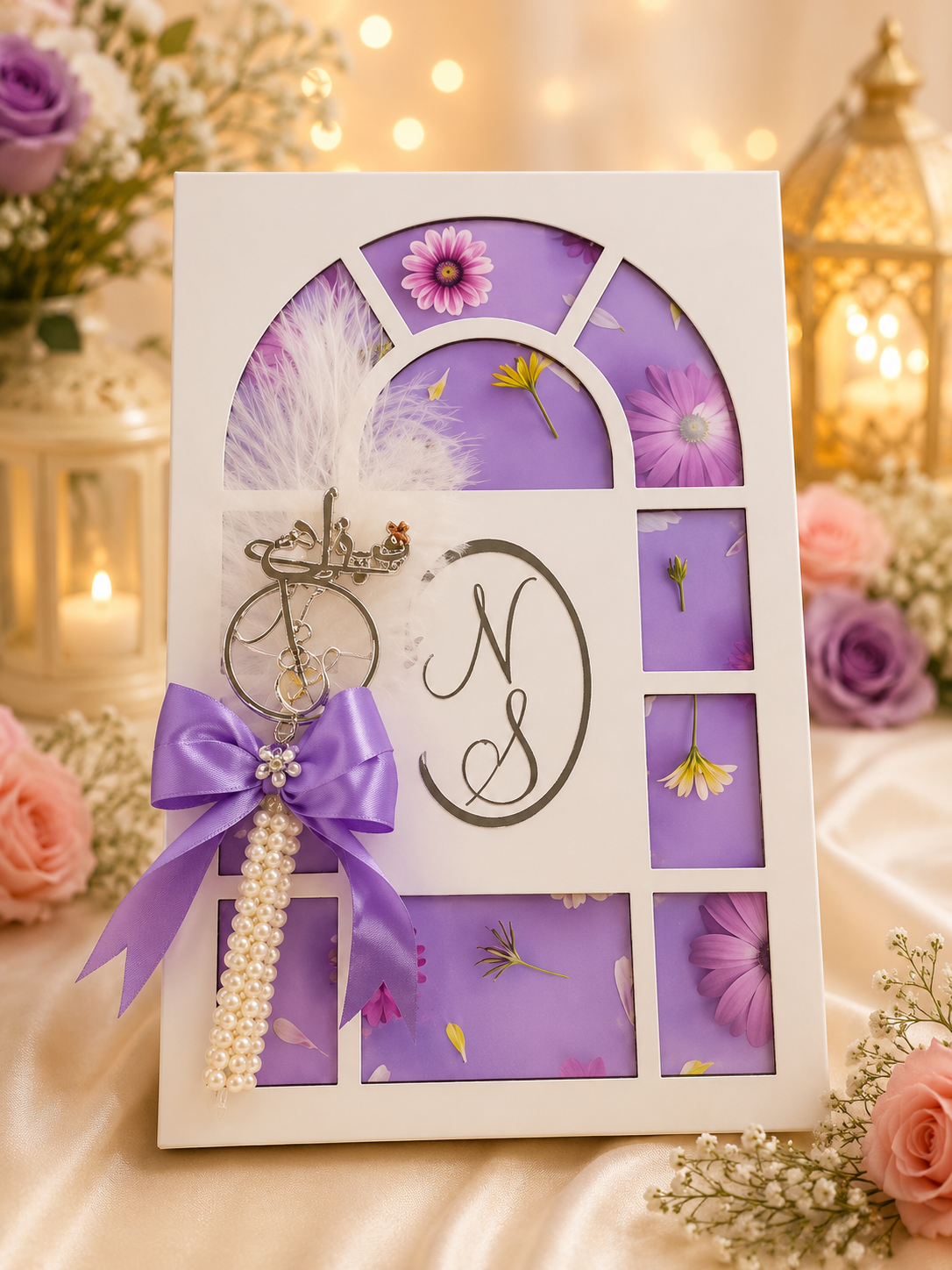 Personalized Floral Nikkah Frame with Pearl Tasbeeh – Elegant Islamic Wedding Gift