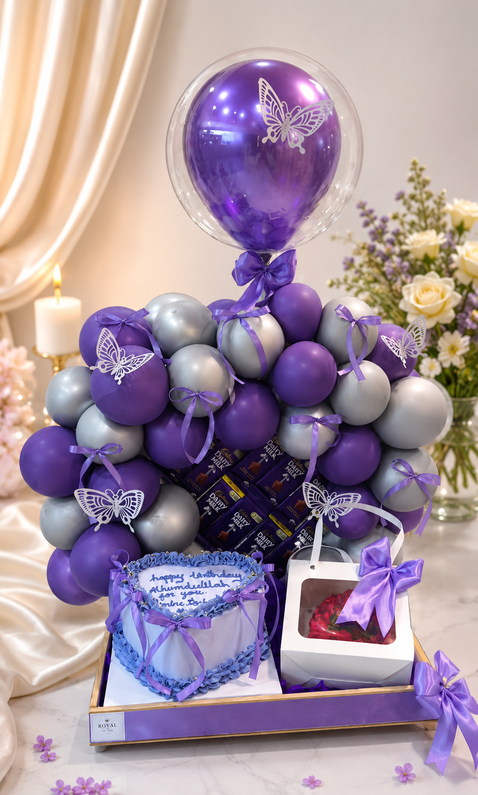 Luxury Purple Balloon Surprise Gift Box with Cake & Chocolates