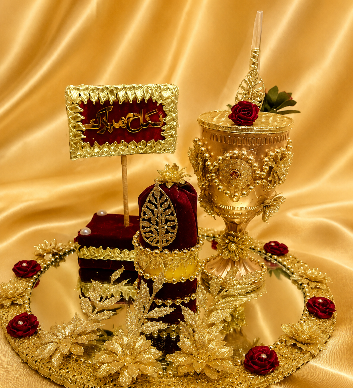Royal Gold & Maroon Mehndi Decor Set with Customized Name Plate