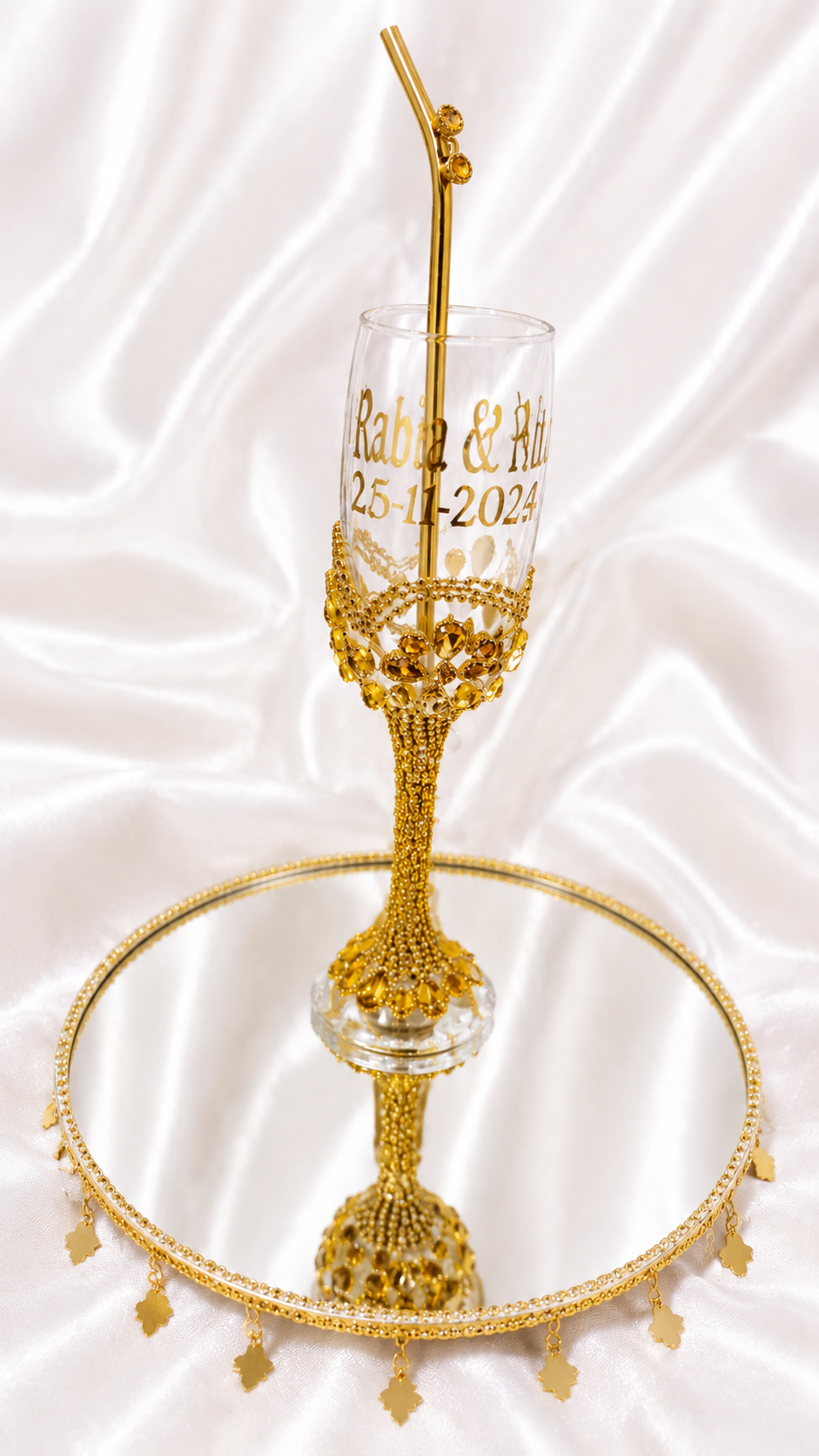 Personalized Luxury Gold Crystal Champagne Glass with Mirror Tray