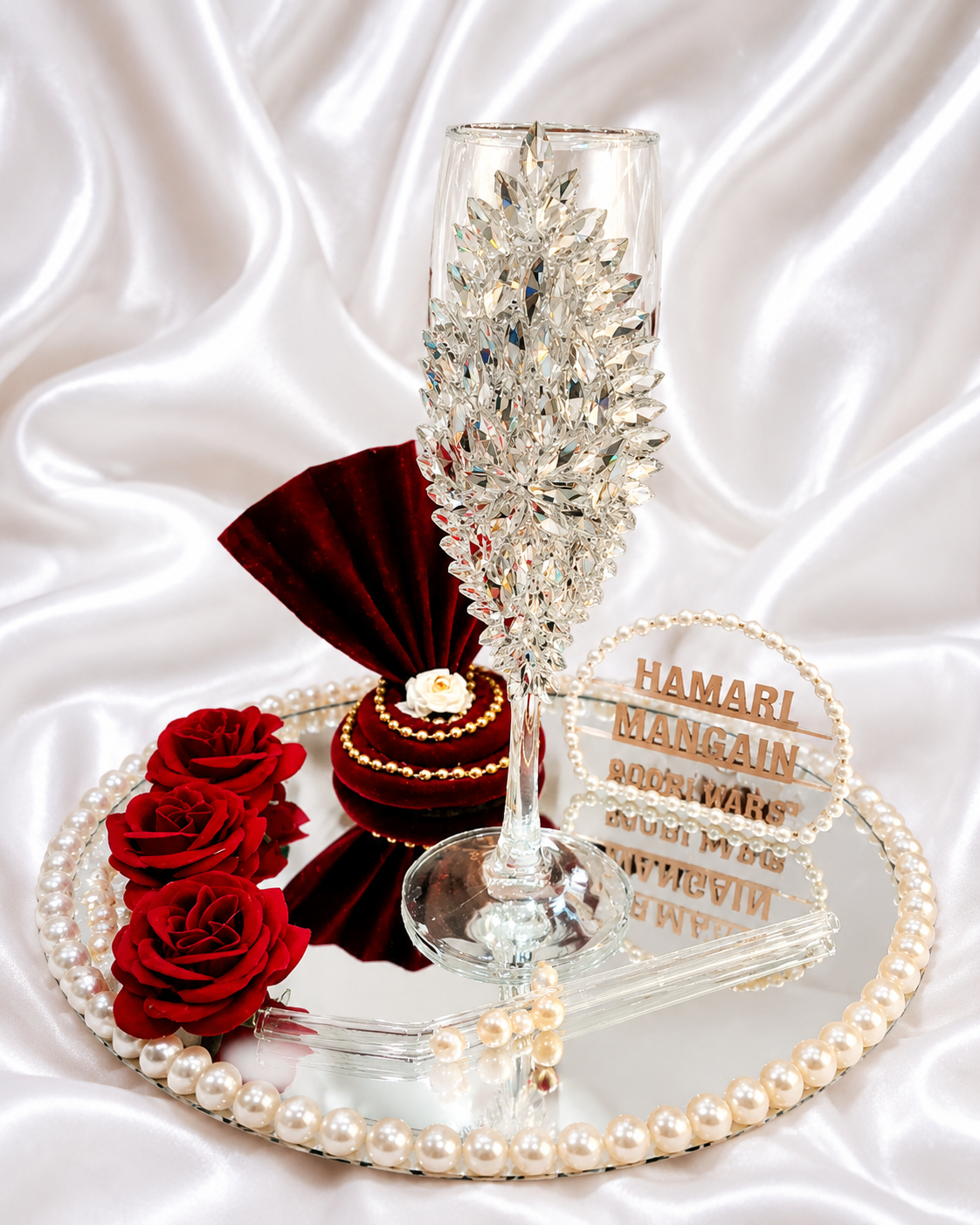 Luxury Crystal Champagne Glass Set with Mirror Tray – Personalized Wedding Gift Set