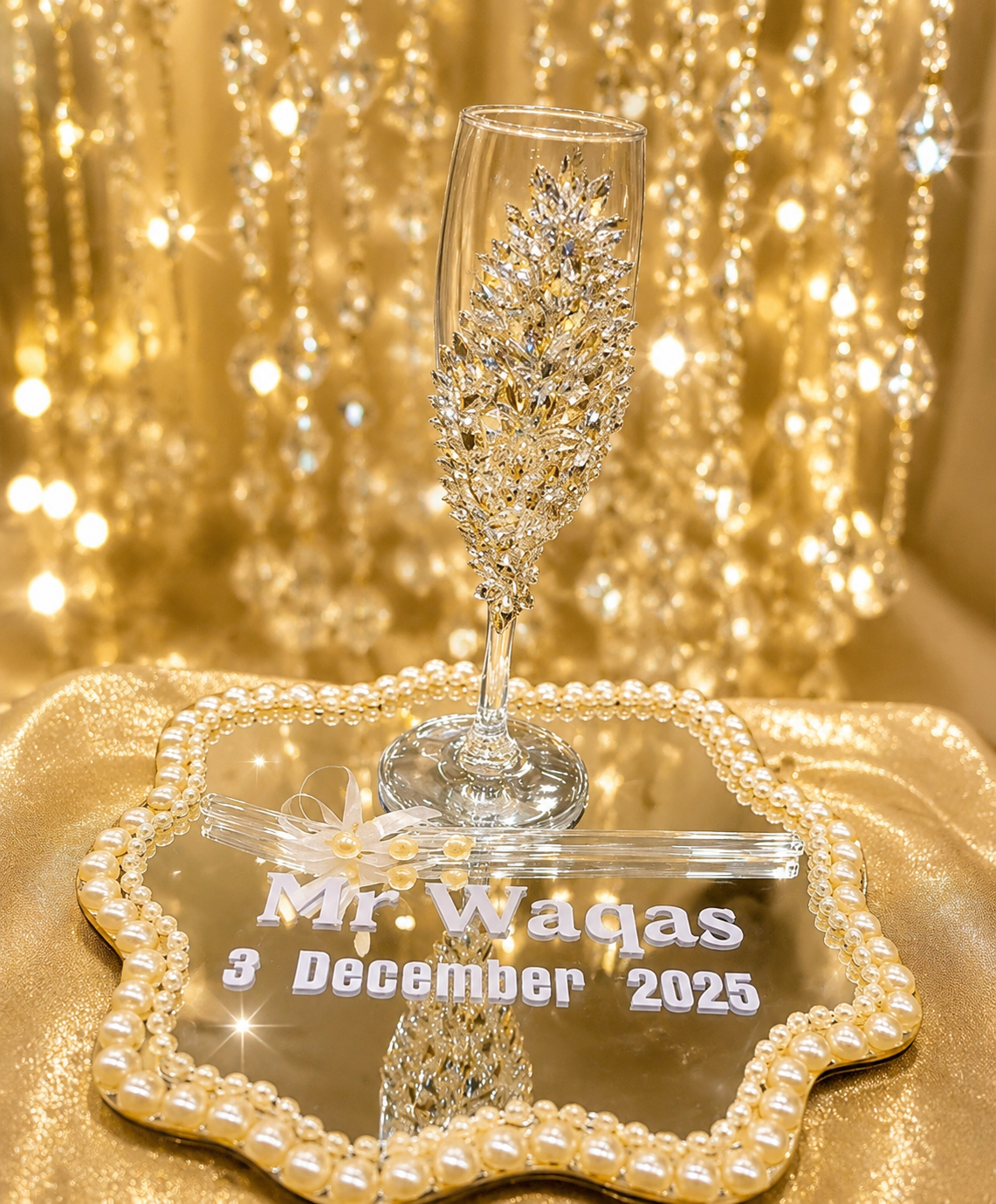 Personalized Luxury Wedding Champagne Glass Set with Mirror Tray – Custom Name Gift
