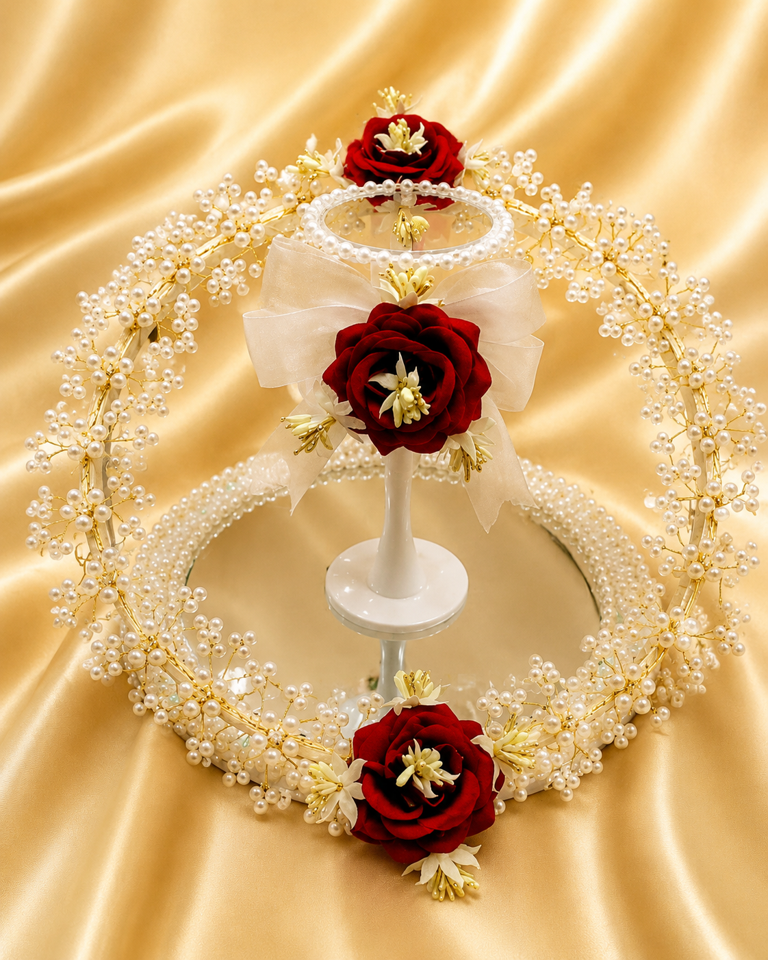Luxury Pearl & Red Rose Decorative Ring Stand