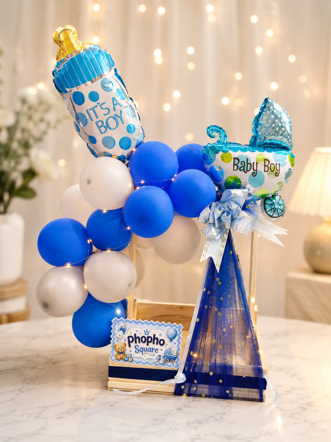 Baby Boy Welcome Decoration – Blue Balloon & “It’s a Boy” Gift Display