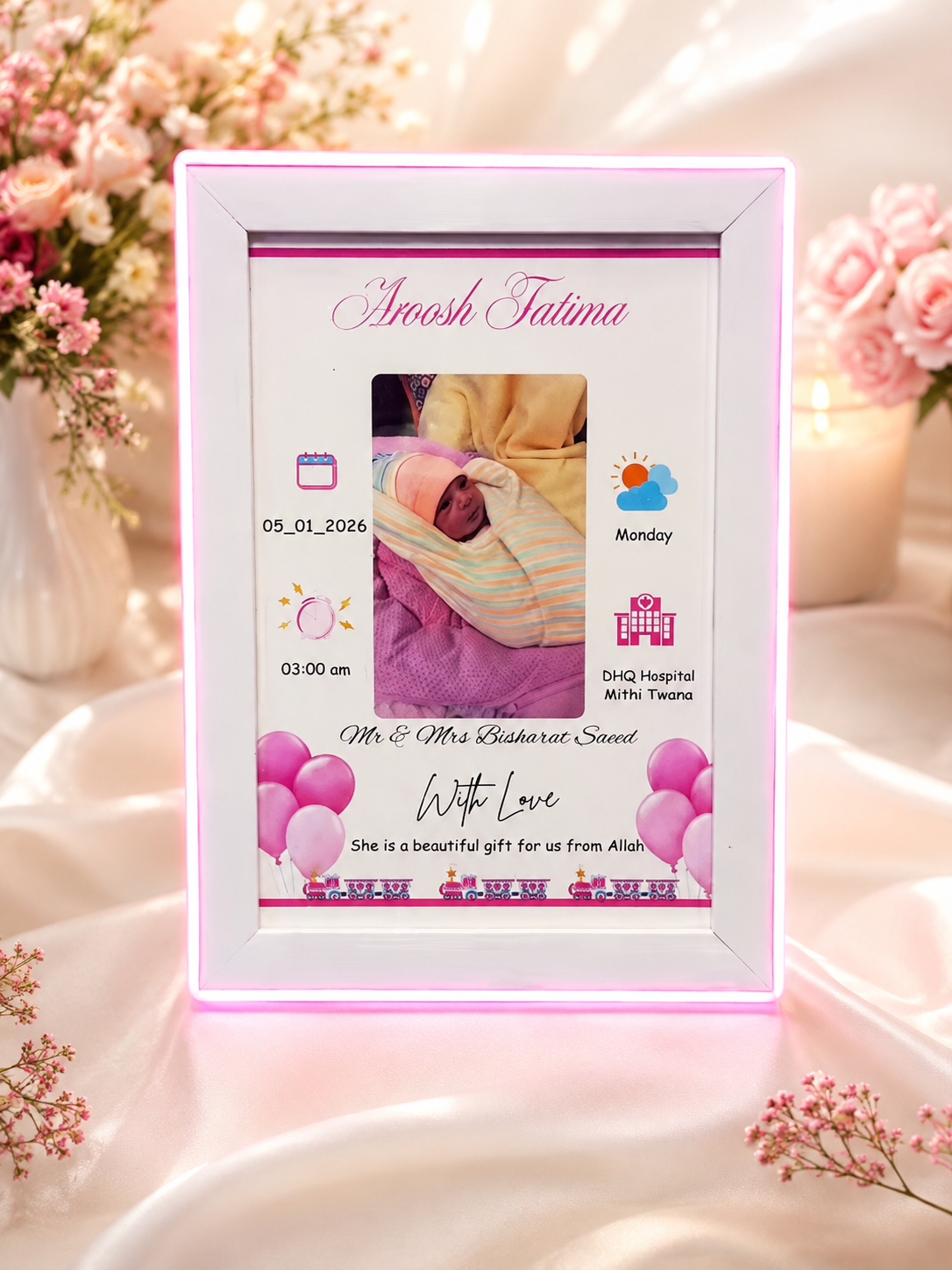 Personalized LED Baby Birth Announcement Frame | Custom Newborn Photo Frame