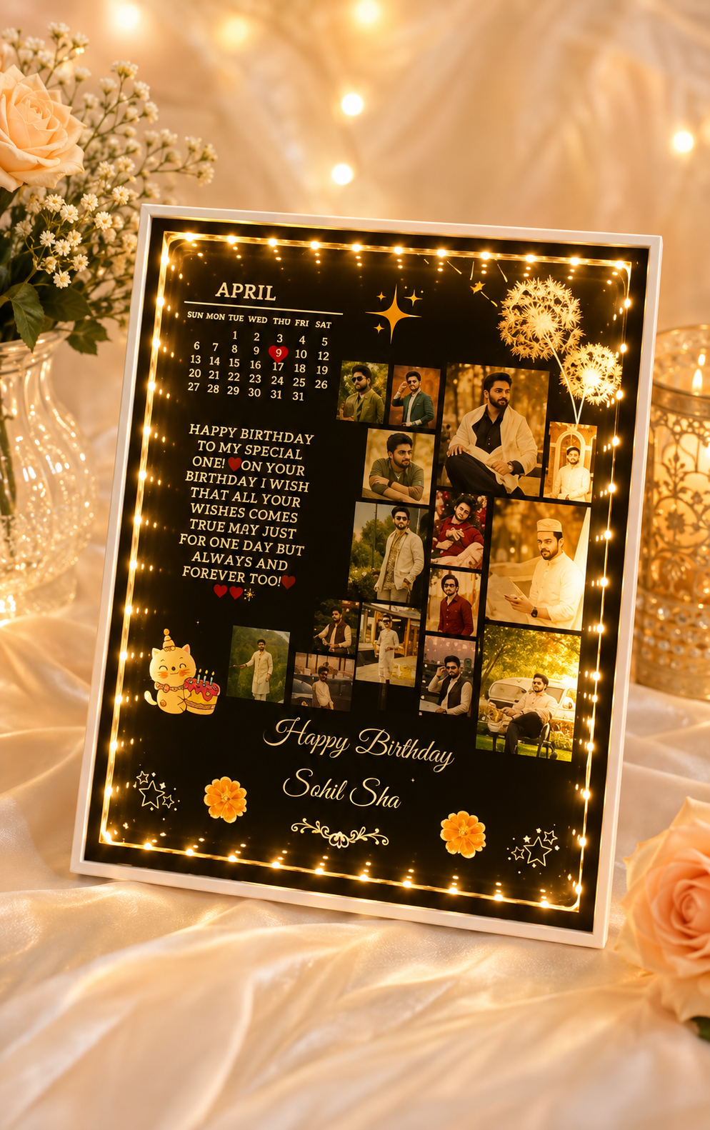Personalized LED Birthday Photo Collage Frame | Custom Birthday Gift with Calendar & Photos